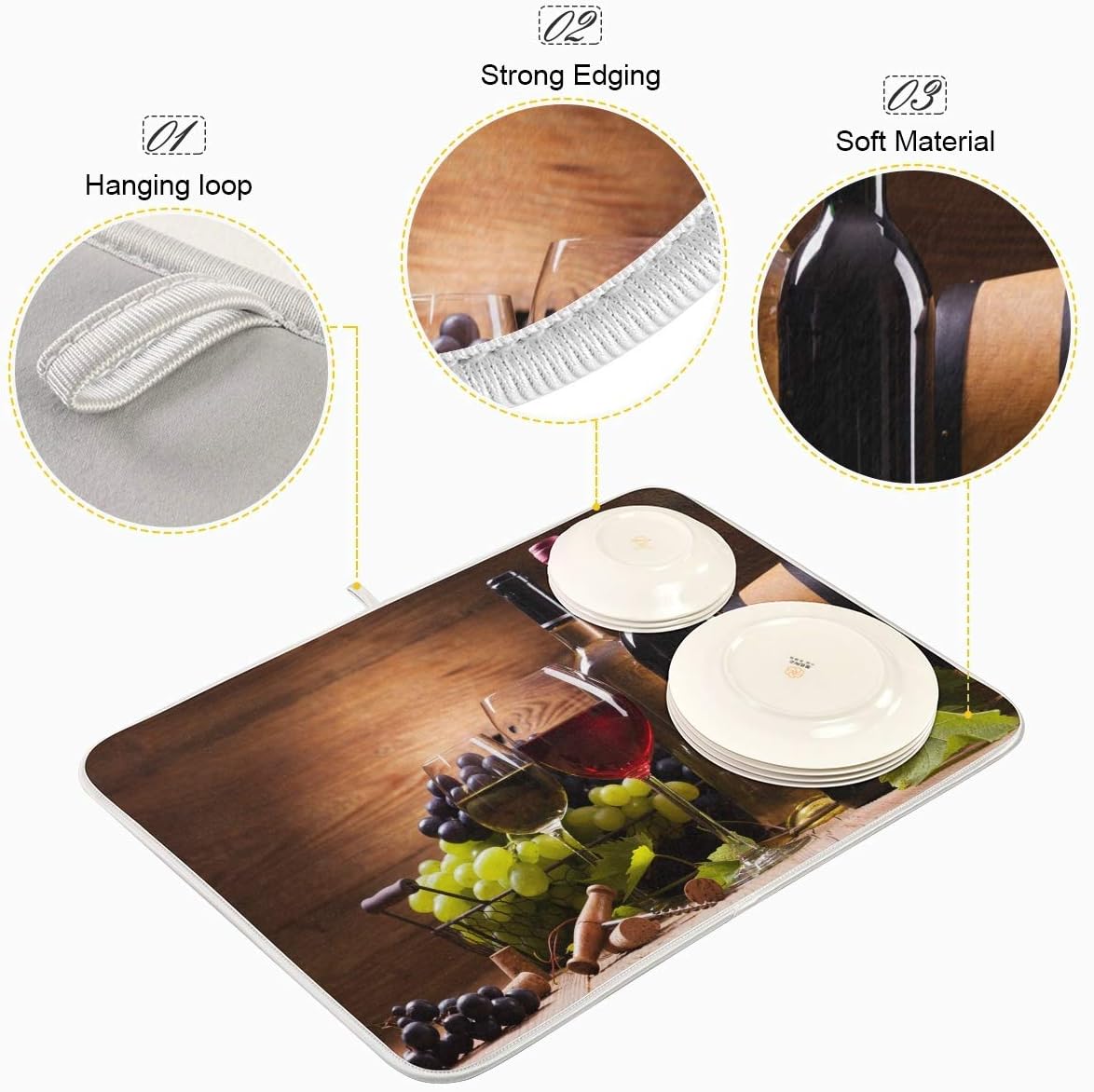 Tapete de secado de platos floral de vino tinto de 16 x 18 pulgadas para cocina, tapete escurridor de platos con estampado de madera vintage, tapete