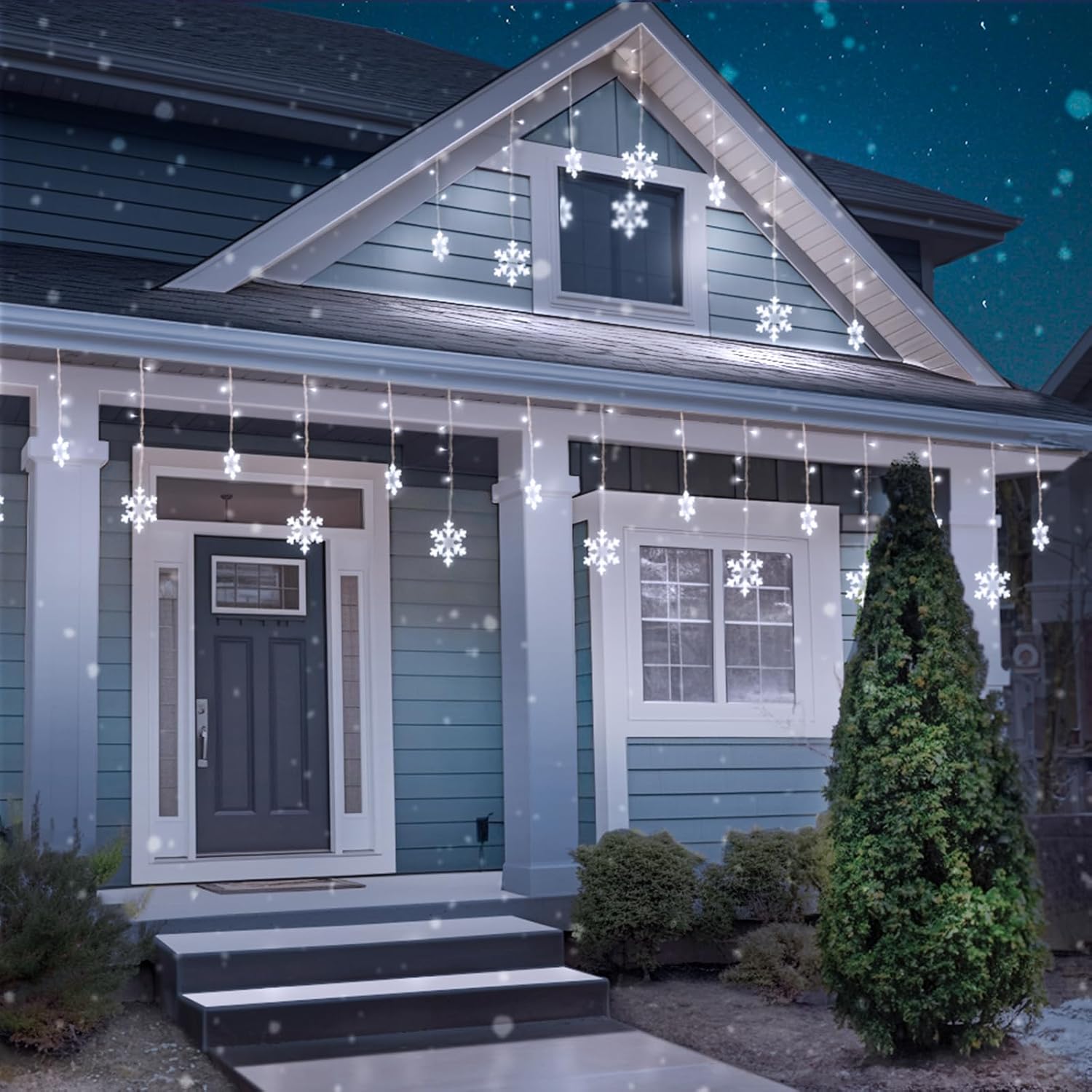 Aulanto Luces de Navidad para exteriores, luces de copo de nieve, 16.73 pies, 240 luces LED de copo de nieve, impermeables, con 20 gotas, 8 modos de