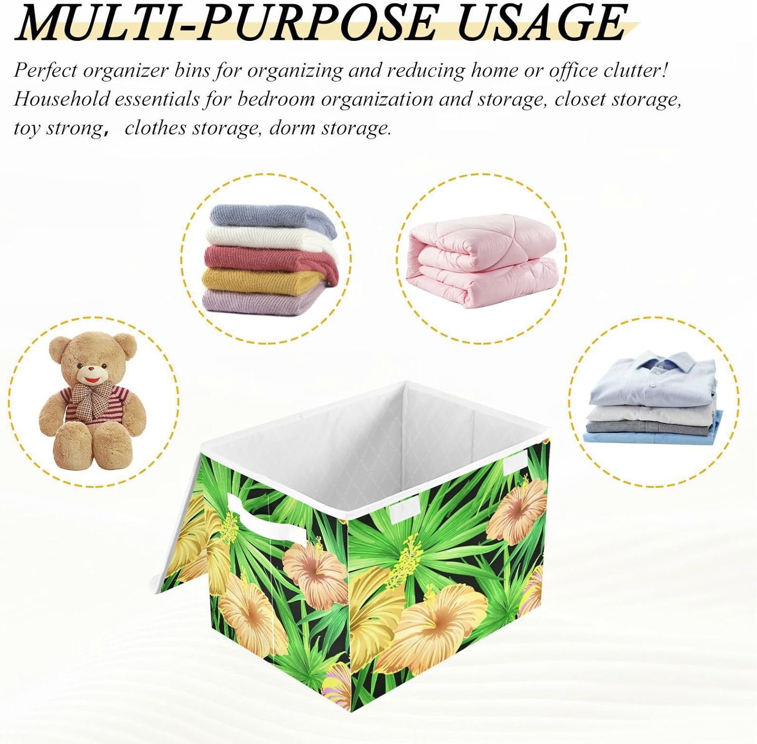 Cubos de almacenamiento plegables grandes de hojas y flores de hibisco con tapas decorativas con asas, cesta de almacenamiento de tela, cubos para