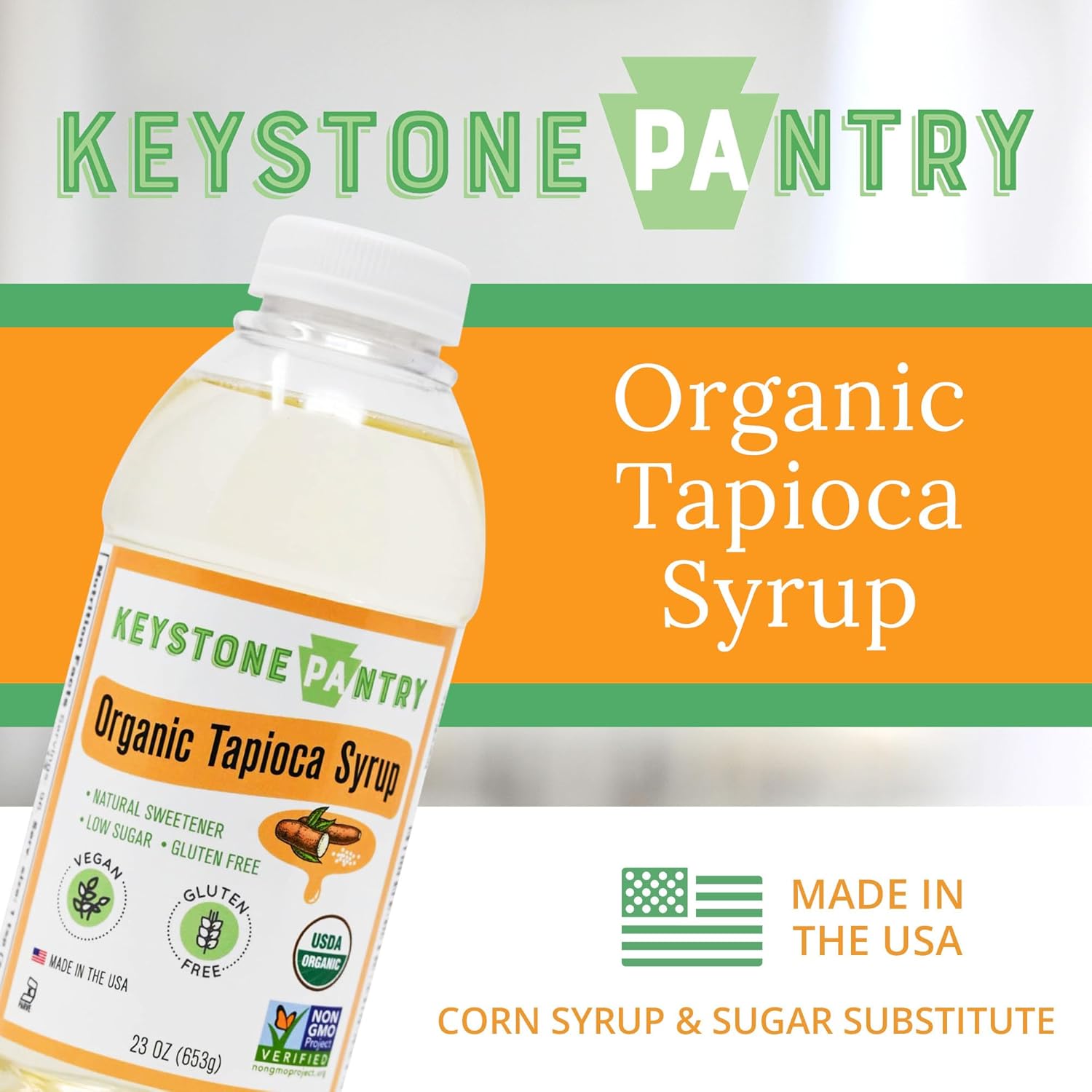 Keystone Pantry Jarabe de tapioca orgánico  Botella de 23 onzas  Vegano, sin gluten  HFC, sustituto del jarabe de maíz  Jarabe para hornear,