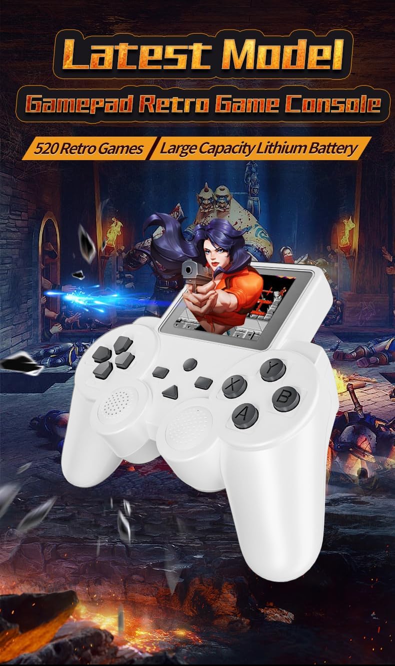 8-bit 520 en 1 Classic Retro Games Handheld Gamepad Game Console – Pantalla de 2.5 pulgadas recargable AV TV Out (blanco)