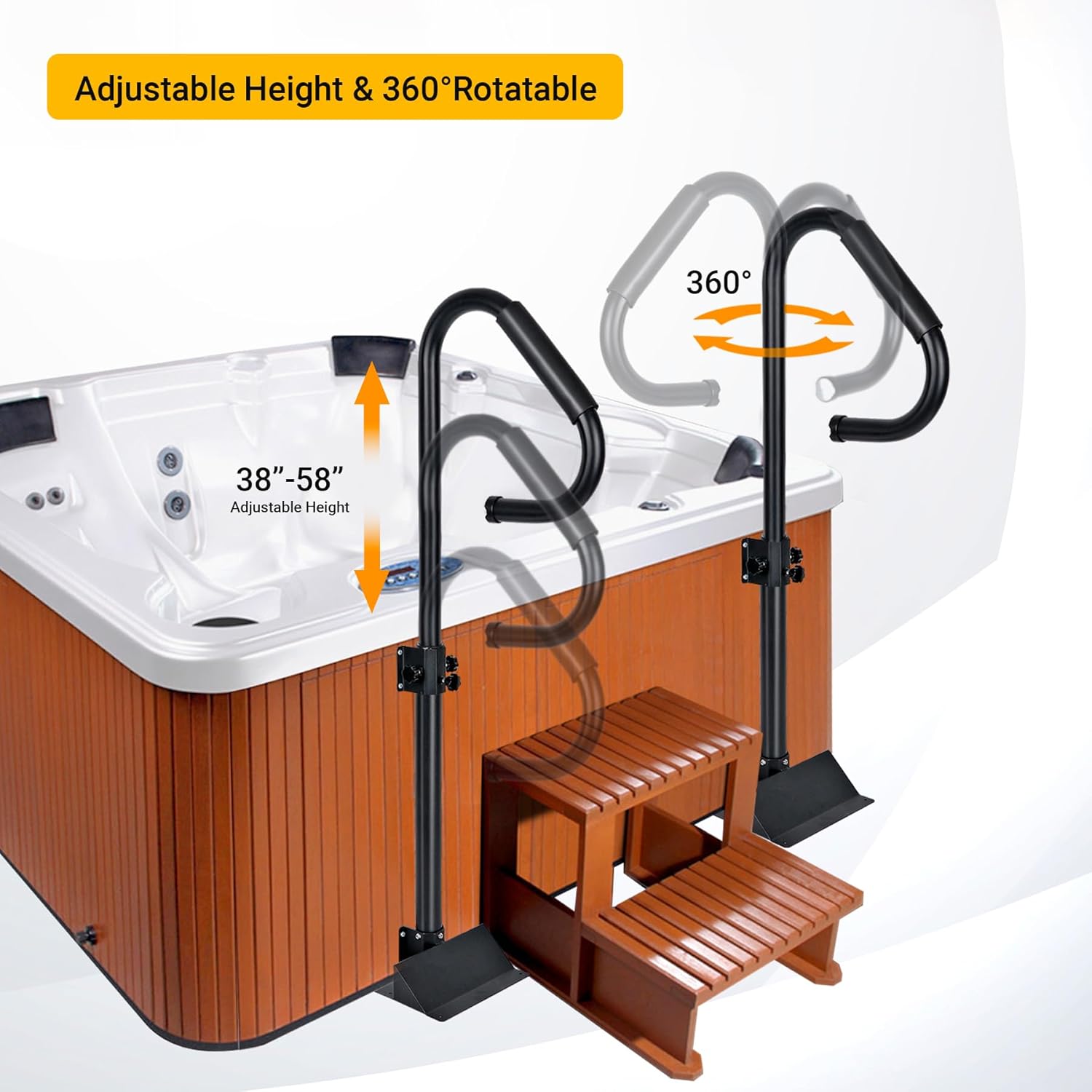 Pasamanos para bañera de hidromasaje, 38 a 58 pulgadas de altura ajustable con opción giratoria de 360 grados y mango antideslizante, pasamanos