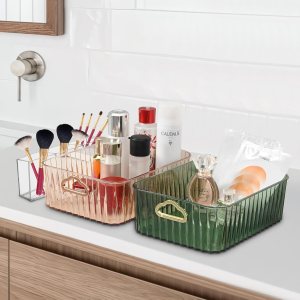 WINJECEI Paquete de 2 organizadores de maquillaje verde y rosa, organizadores de tocador de gran capacidad de 10 x 8 pulgadas con asa, organizadores WINJECEI Paquete de 2 organizadores de maquillaje verde y rosa, organizadores de tocador de gran capacidad de 10 x 8 pulgadas con asa, organizadores