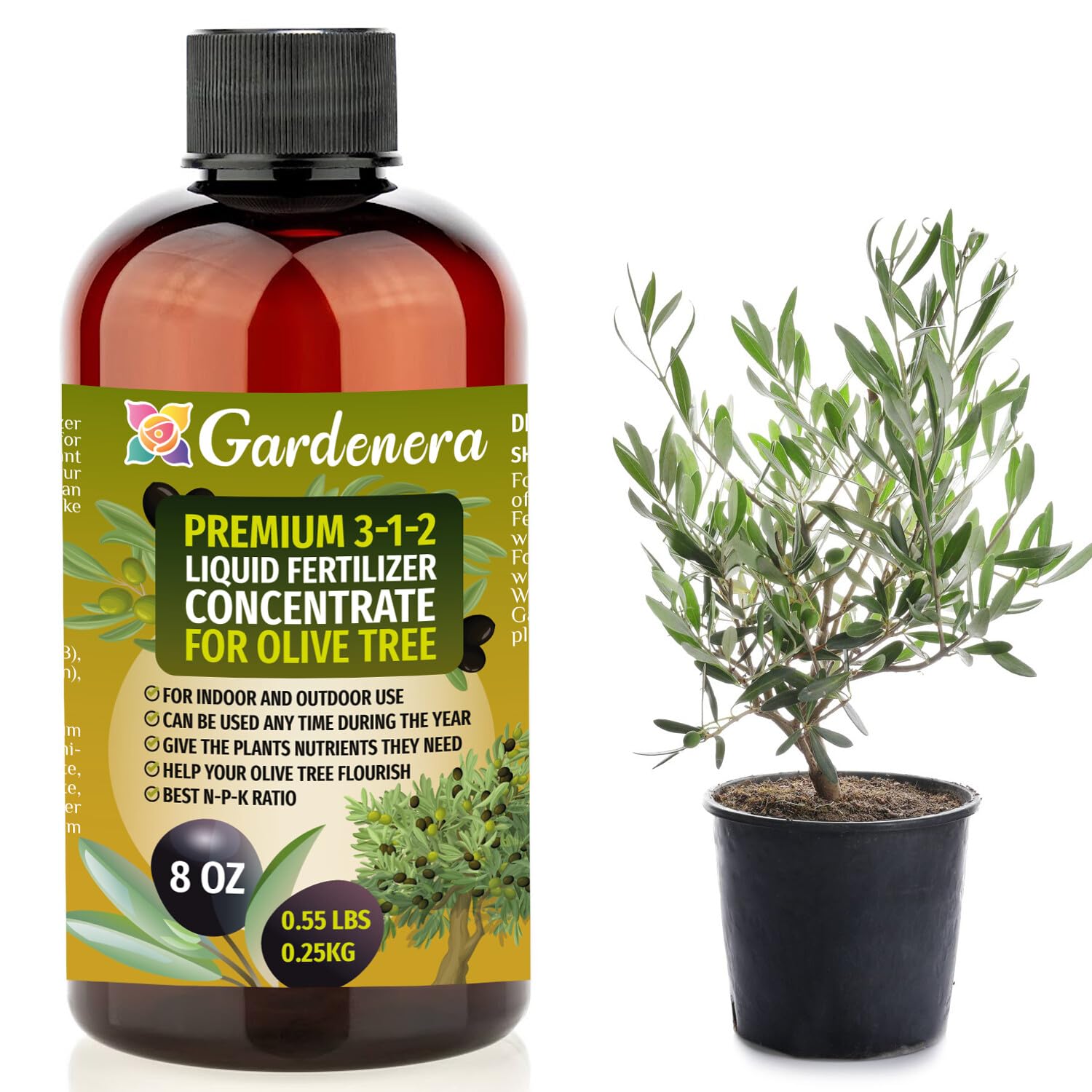 Gardenera – Fertilizante líquido prémium para plantas de olivo, concentrado 3-1-2 para plantas y flores de interior, alimento orgánico para olivos,
