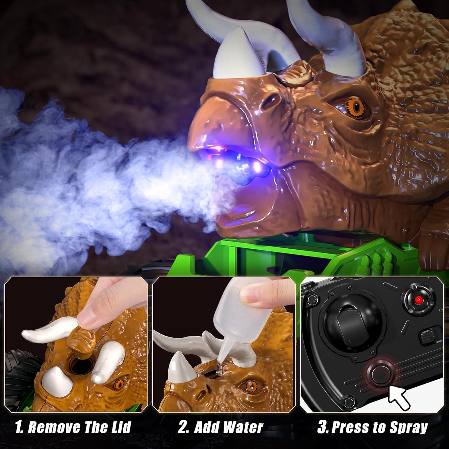 TEMI Juguete de coche Triceratops con control remoto 124, camión monstruo con rugido, luz y niebla para niños de 3 a 7 años, camión de dinosaurio