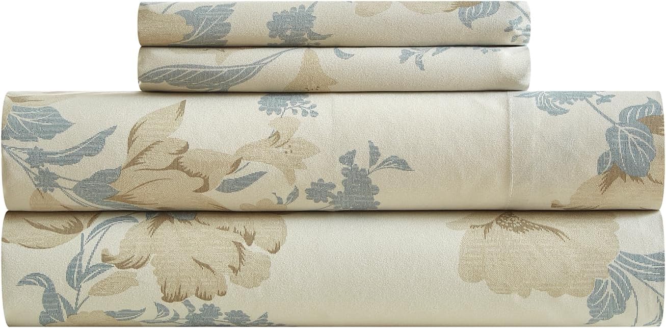 VClife Juego de sábanas de tamaño California King, ultra suaves con estampado floral beige, 4 piezas de bolsillo profundo, sábanas transpirables y