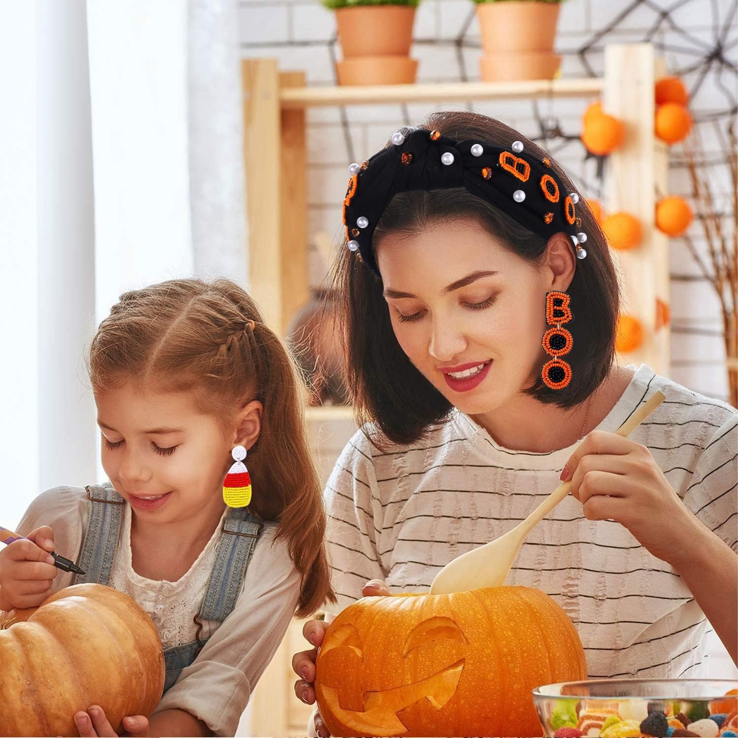 NVENF Diadema de Halloween para mujer, accesorios con cuentas de calabaza, fantasma, boo, diadema con diamantes de imitación, diadema anudada de