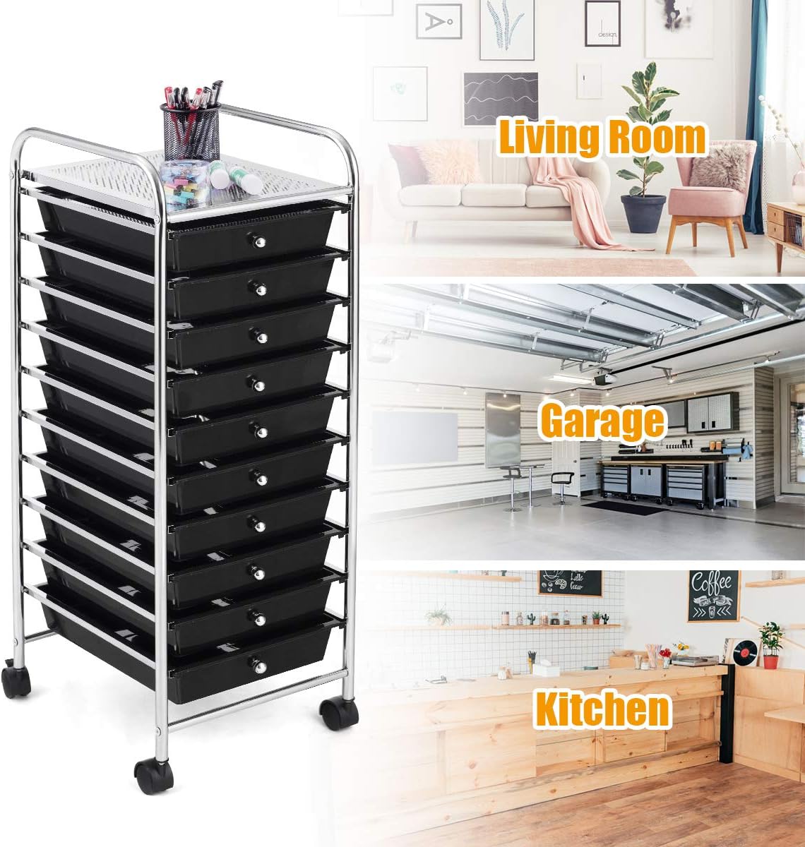 RELAX4LIFE Carrito de almacenamiento con 10 cajones, ruedas rodantes, semitransparente, multiusos, móvil con ruedas para escuela, oficina, hogar,