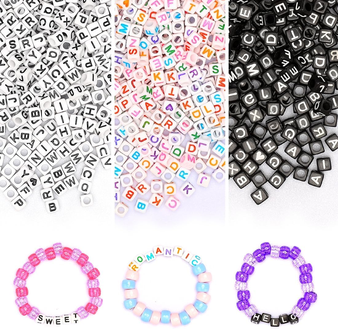 Iooleem Cuentas de letras, 1215 cuentas cuadradas del alfabeto de 6 x 6 pulgadas, cuentas para hacer joyas, cuentas para hacer pulseras (blanco y