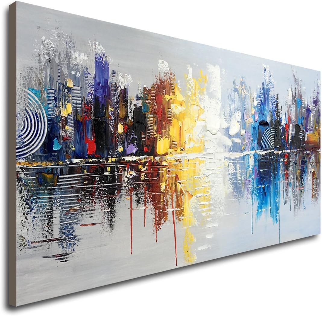 Pintura al óleo sobre lienzo pintada a mano, diseño de reflejo de paisaje urbano moderno, decoración de arte abstracto