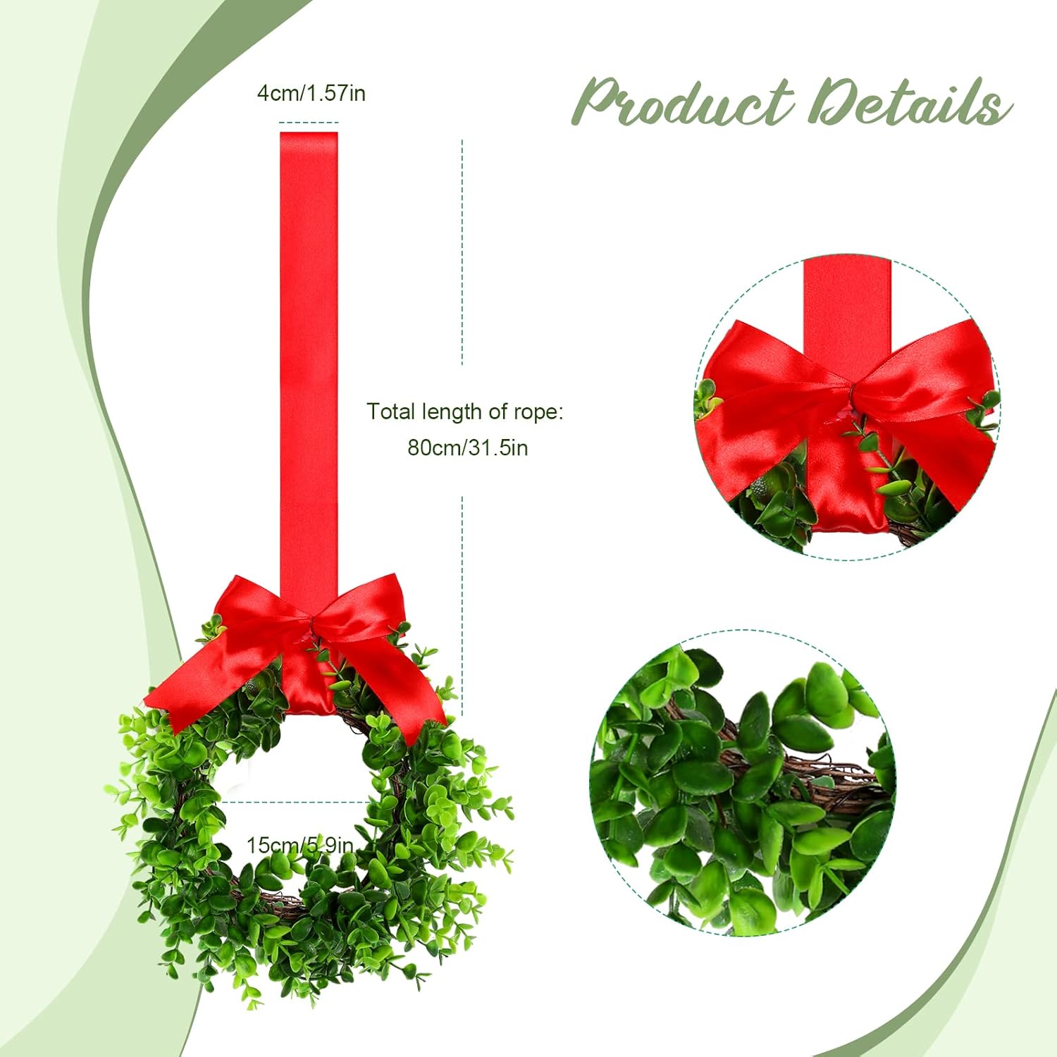 Coronas de Navidad con cinta para armarios de cocina, ventanas, puertas, paredes, juego de 6 pequeñas decoraciones de vegetación artificial
