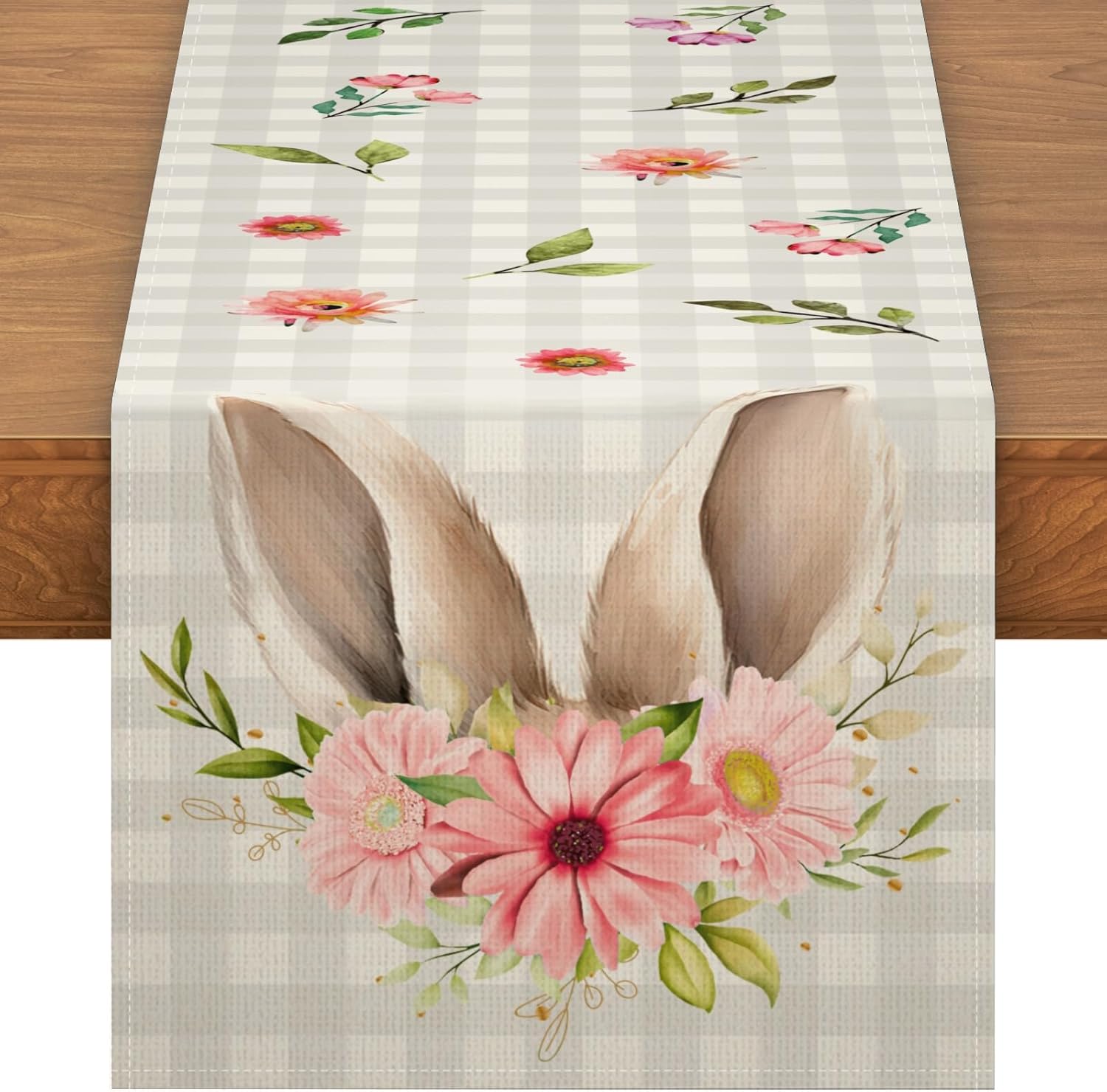 Camino de mesa de Pascua para cocina, comedor, orejas de conejo a cuadros, flores, decoración de mesa de Pascua, camino de mesa de primavera de
