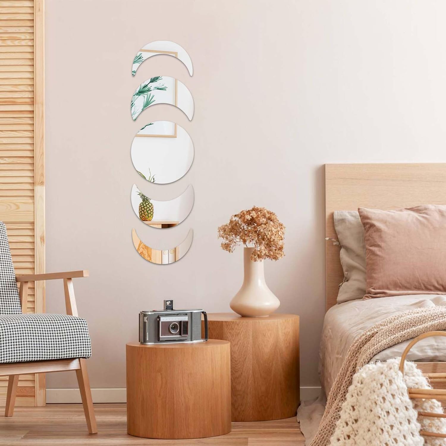 Juego de 5 piezas de espejos de fases lunares, calcomanías de pared de espejo acrílico, calcomanías de pared autoadhesivas, espejo de luna