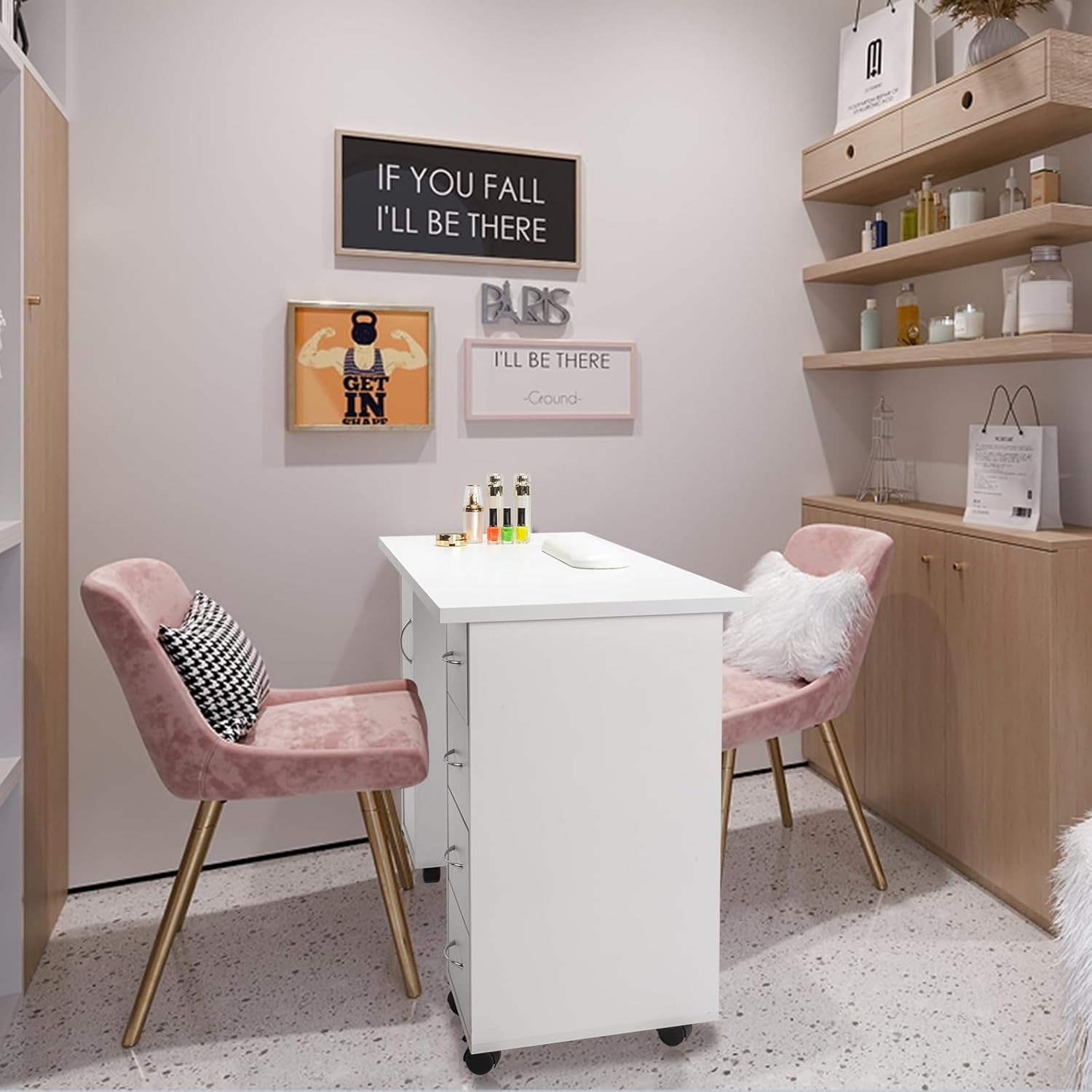Goujxcy Mesa rodante de manicura, estación de escritorio de uñas, estación de manicura para salón de belleza, equipo de arte de uñas con 4 cajones y