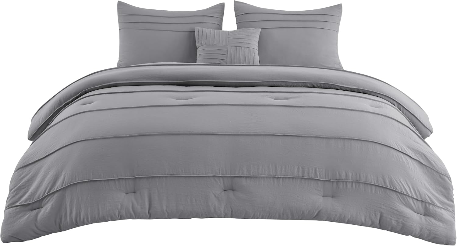 Bedsure Juego de edredón gris tamaño King, juego de cama plisado de 4 piezas, juegos de ropa de cama alternativa de plumón para todas las