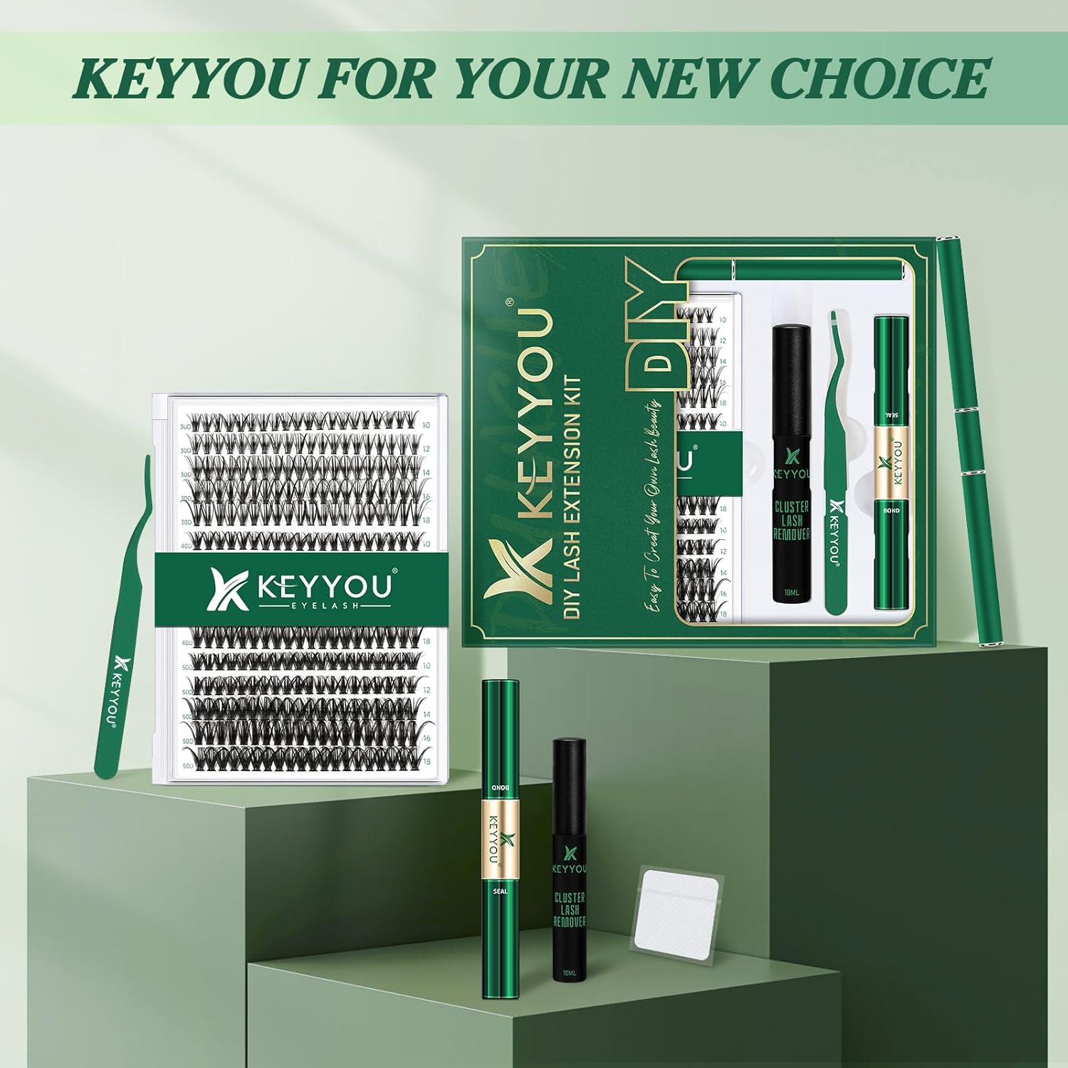 KEYYOU – Kit de extensión de pestañas para bricolaje, 300 unidades, kit de extensión de pestañas individuales 30D40D50D 0.07C, 9-18 MIX, kit de
