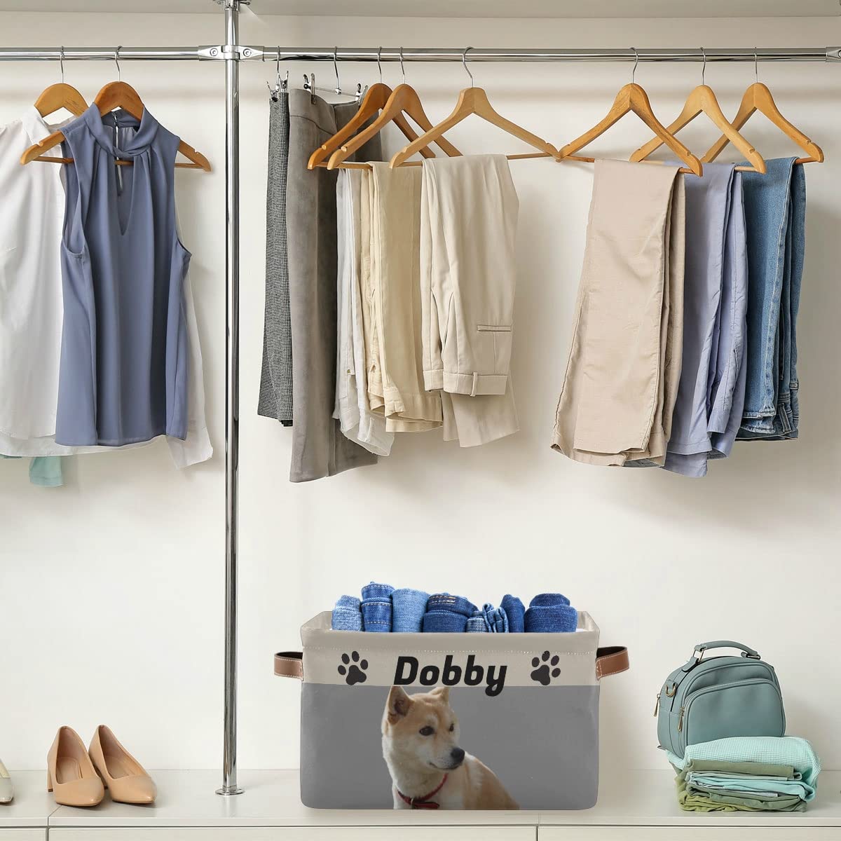 Cesta de almacenamiento personalizada para juguetes para perros, cesta plegable para juguetes para mascotas con asas de cuero, organizador de