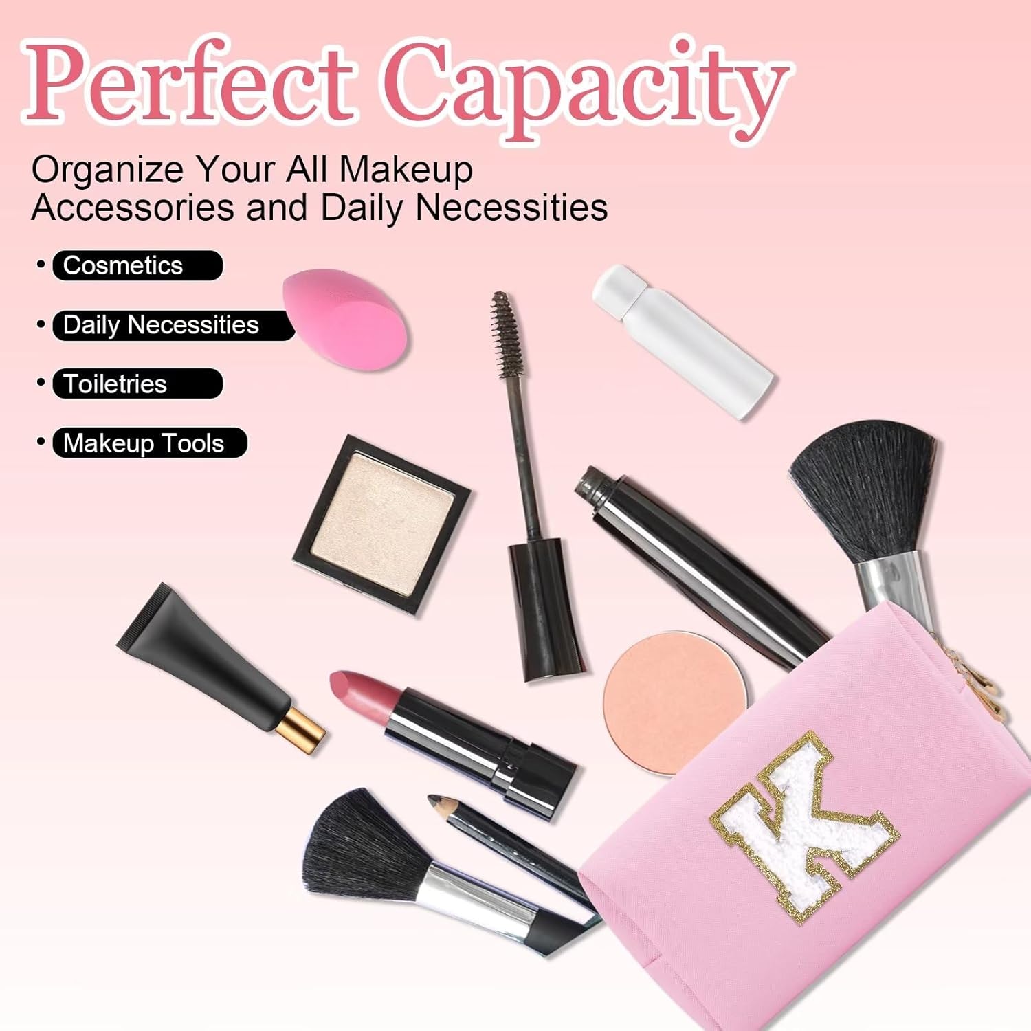 HENGNI Pequeña bolsa de maquillaje personalizada, bonita bolsa de maquillaje de piel sintética con letras de chenilla, bolsa de cosméticos de viaje,