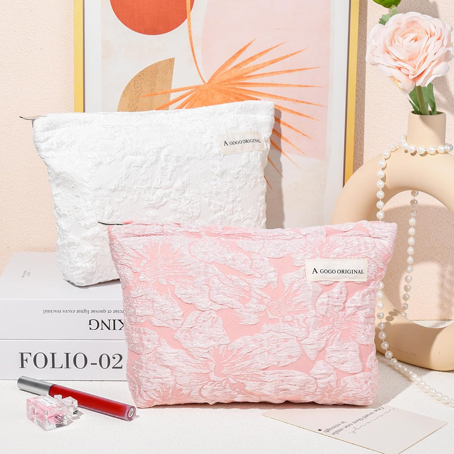 Bolsa de maquillaje grande de 2 piezas, bolsa de cosméticos floral, color rosa y blanco, de lona, bolsa de aseo de viaje, organizador de brochas de