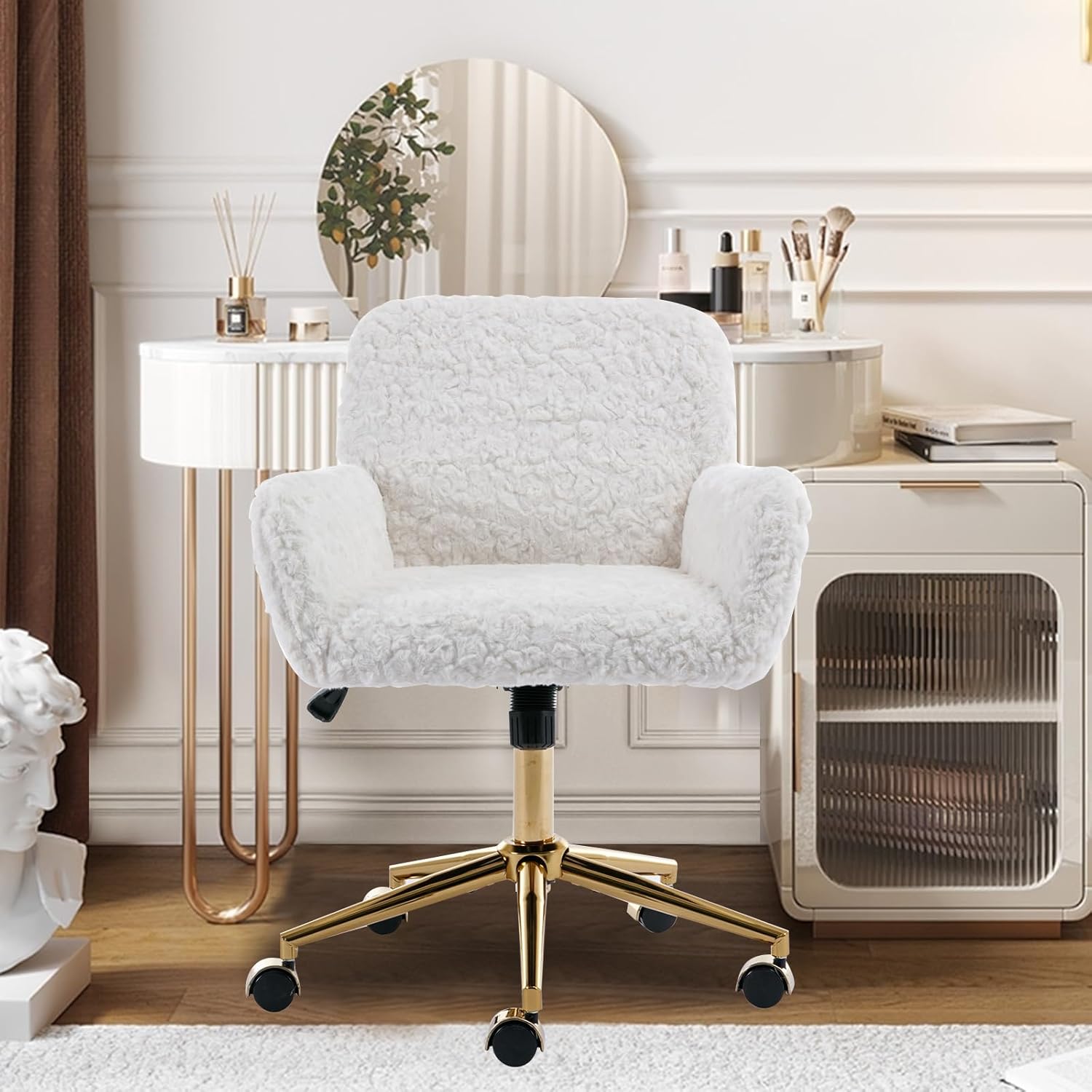 SSLine Silla de escritorio de piel sintética, moderna y bonita silla de oficina, cómoda silla giratoria de tela de peluche mullida con ruedas para