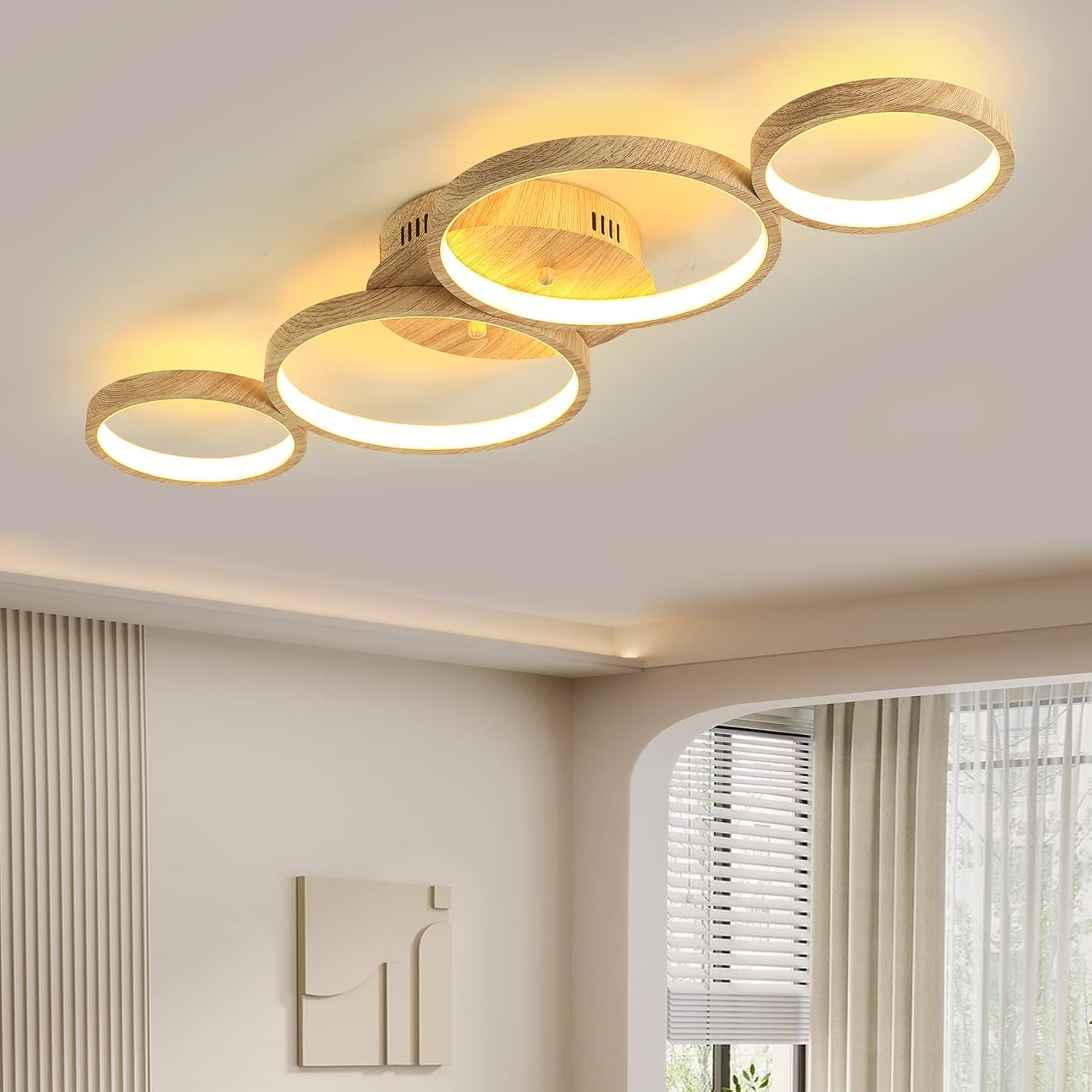 Lámpara de techo LED de madera, montaje empotrado, 48 W, 3840 lm, 4 anillos, lámpara de techo para sala de estar, dormitorio, comedor, 3 colores, L