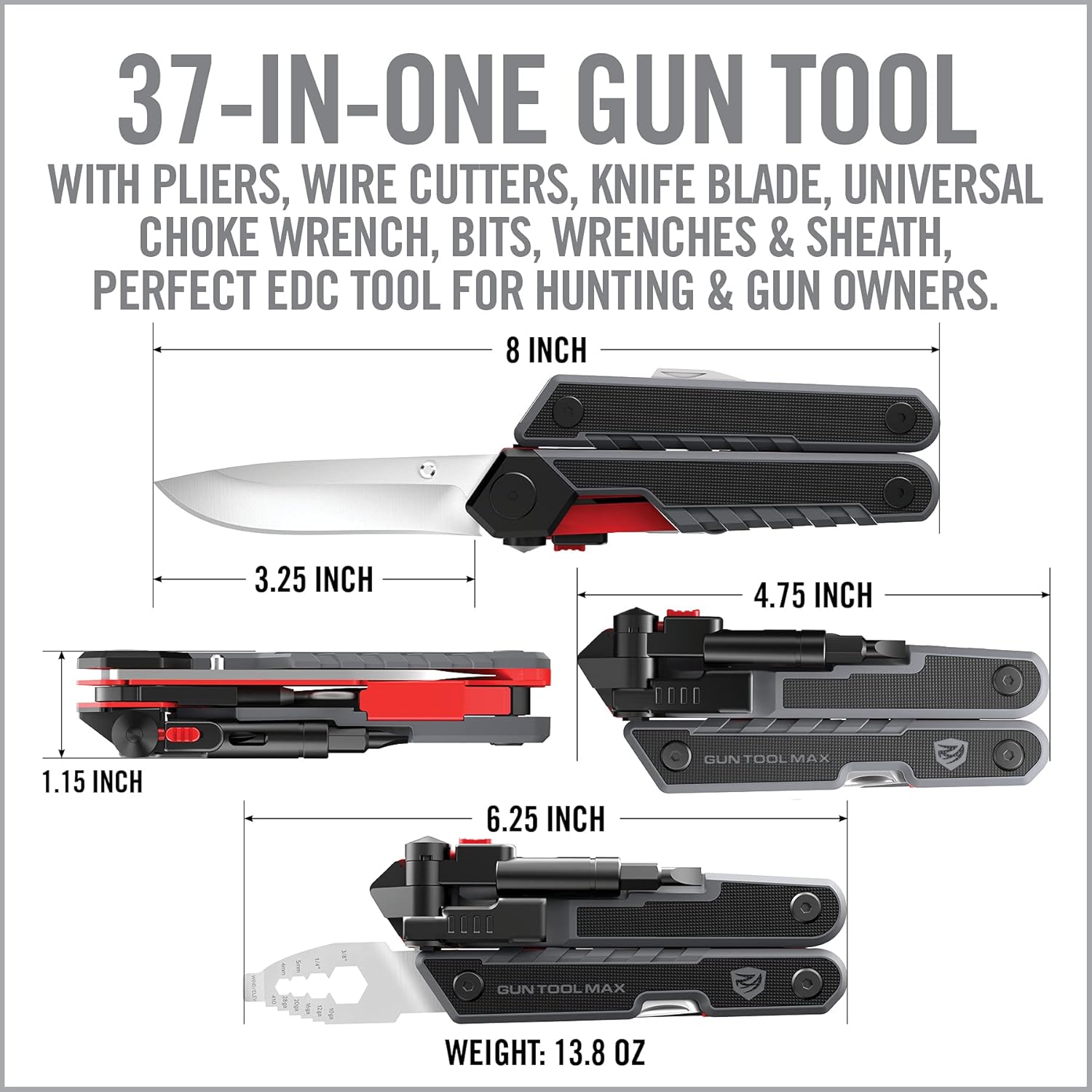 Real Avid Gun Tool Max, multiherramienta 37 en 1 para armería, incluye alicates, cortadores de alambre, hoja de cuchillo, llave de estrangulador