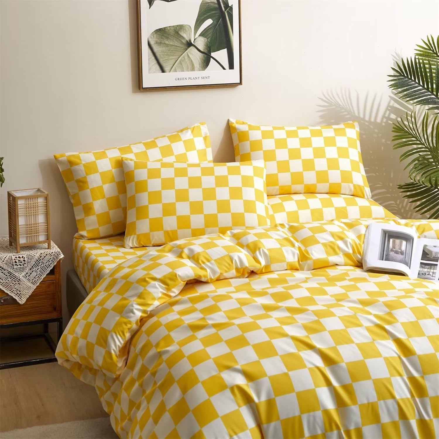 Cottonight Juego de edredón amarillo tamaño Queen, juego de ropa de cama a cuadros con patrón de cuadros amarillo brillante y blanco, edredón suave