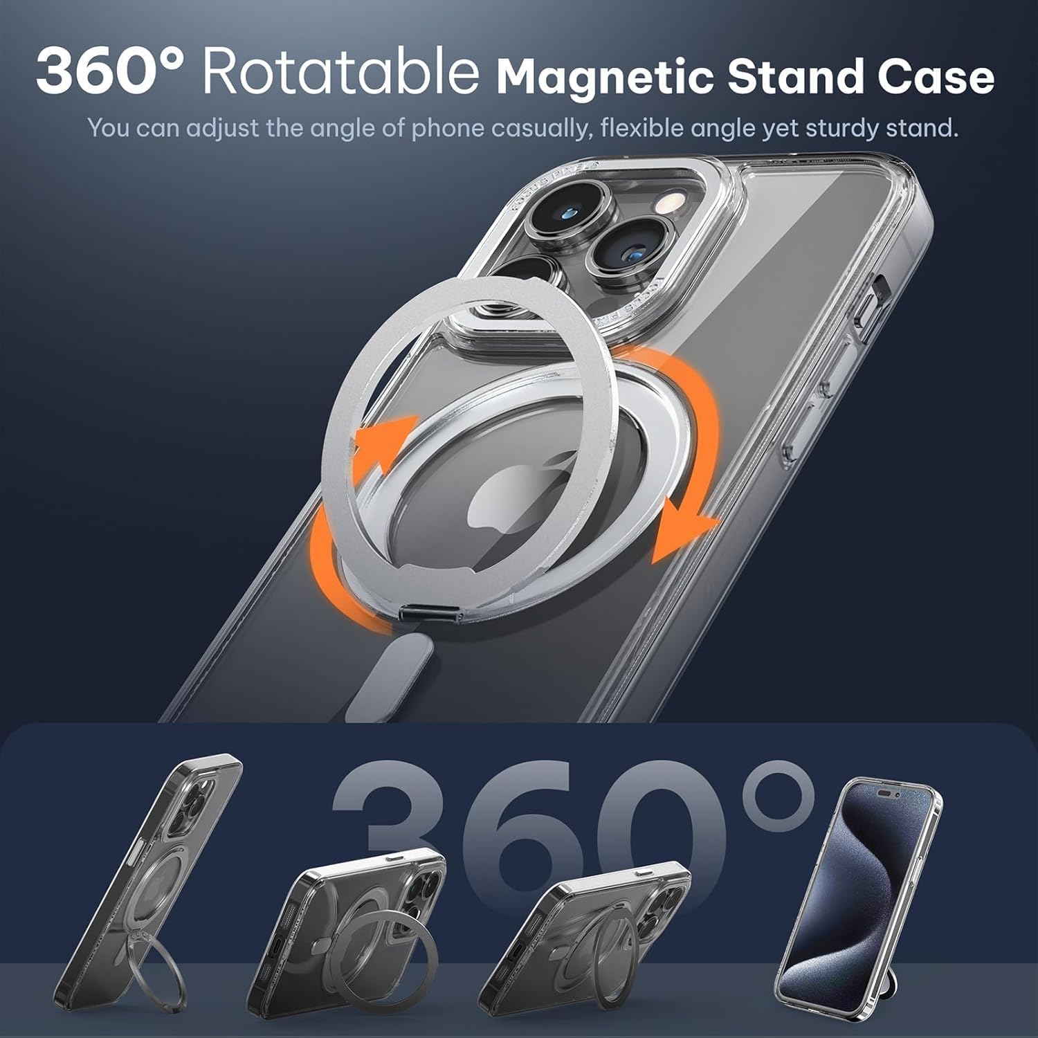 LOHASIC Funda transparente para iPhone 15 Pro Max, imán más fuerte compatible con Mag-Safe, anillo giratorio de soporte, parte trasera de