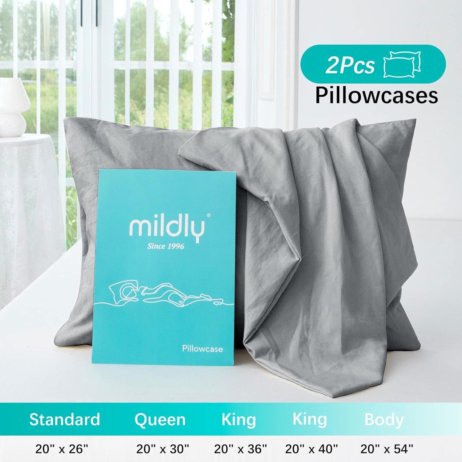 MILDLY Funda de almohada súper suave, fundas de almohada ligeras de microfibra lavada, tamaño Queen, color gris, 2 unidades, fácil cuidado y