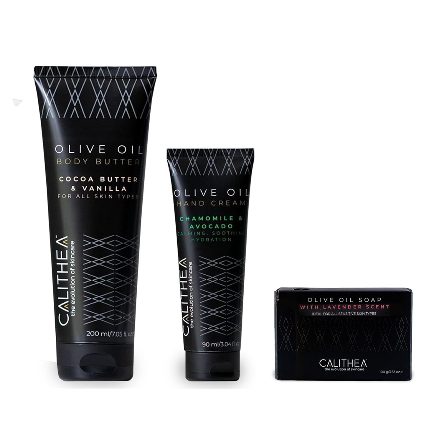 Juego corporal de 3 pasos aceite de oliva, manteca de cacao y mantequilla corporal de vainilla, crema de manos con manzanilla y aguacate, jabón de