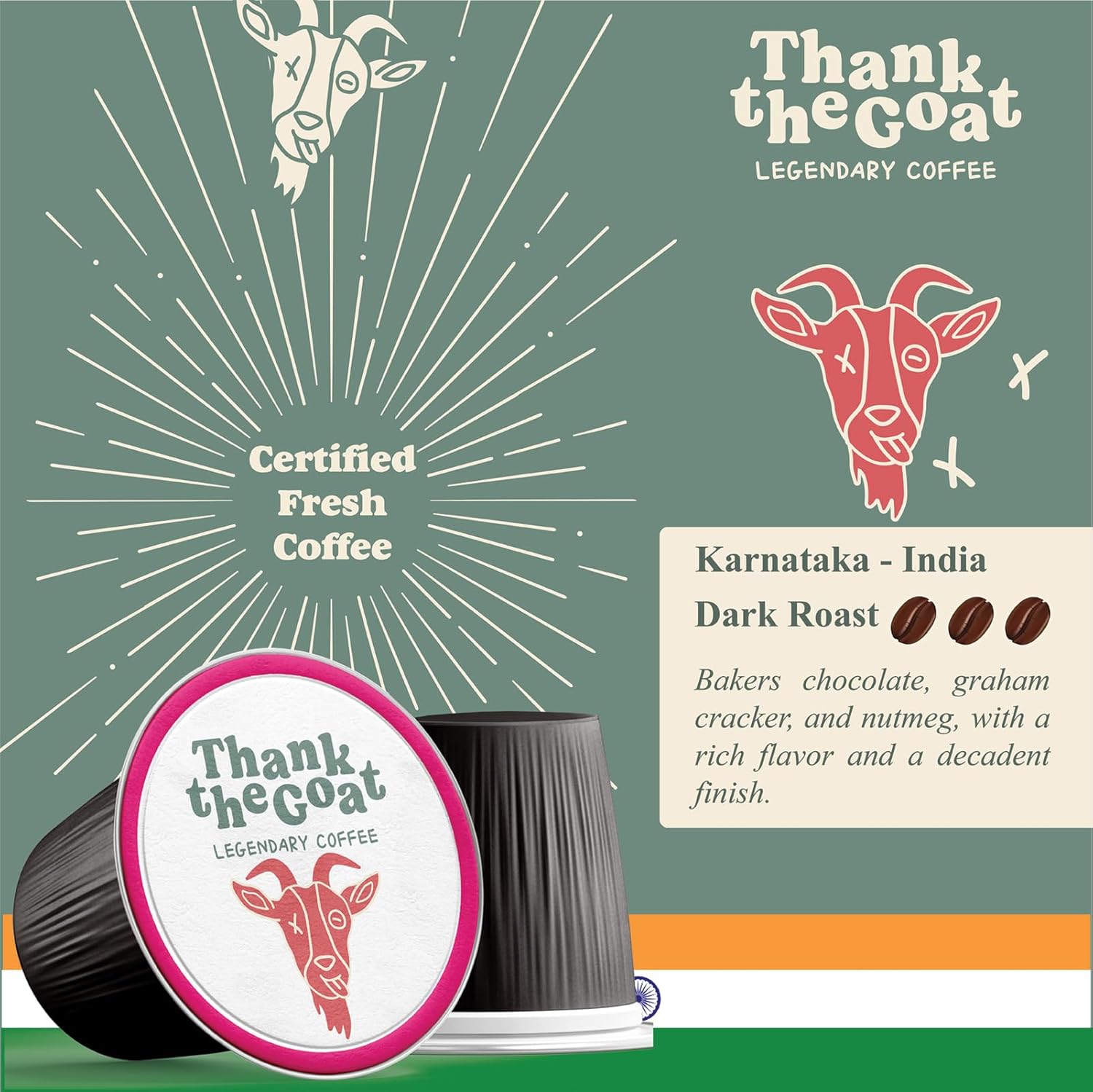 Thank the Goat Cápsulas de café gourmet, recién tostado, tostado oscuro, compatible con cafeteras Keurig 2.0 K-Cup, de Karnataka, India, 24 unidades
