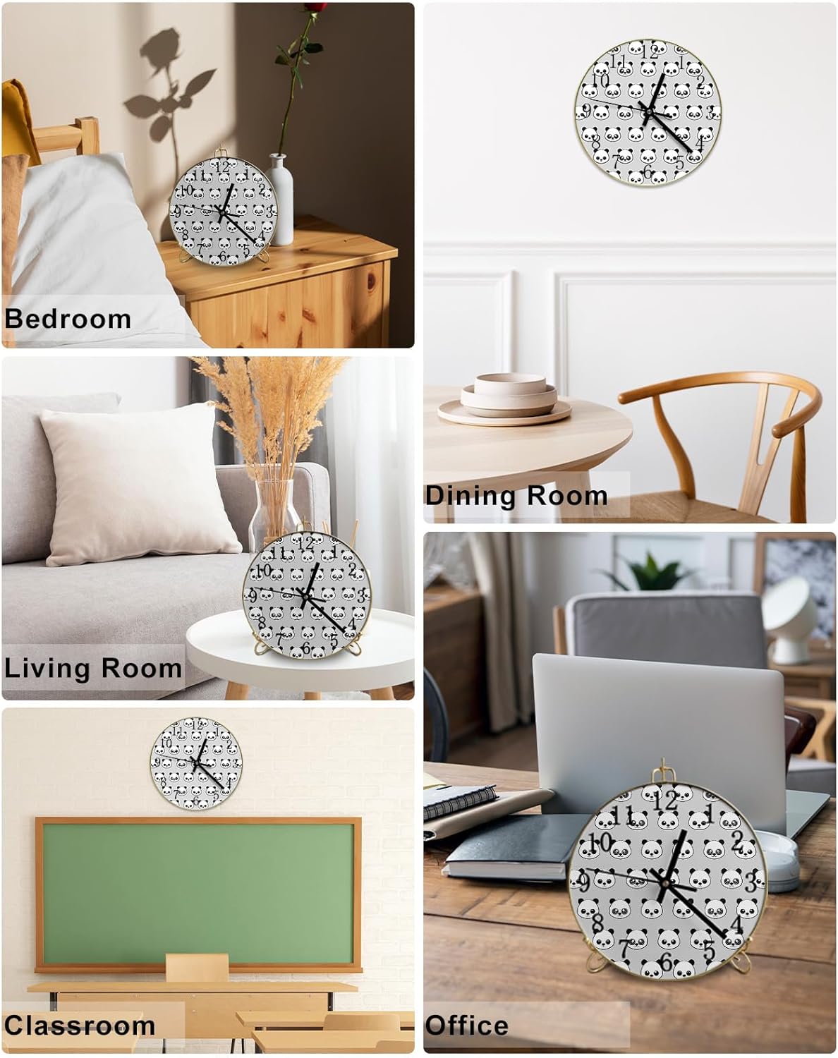 Cartoon Panda Round Wall Clock Silent Non-Ticking Battery Operated Clocks, Wooden Clock for Home Living Room Bedside Desk Bedroom Office Wall Decor