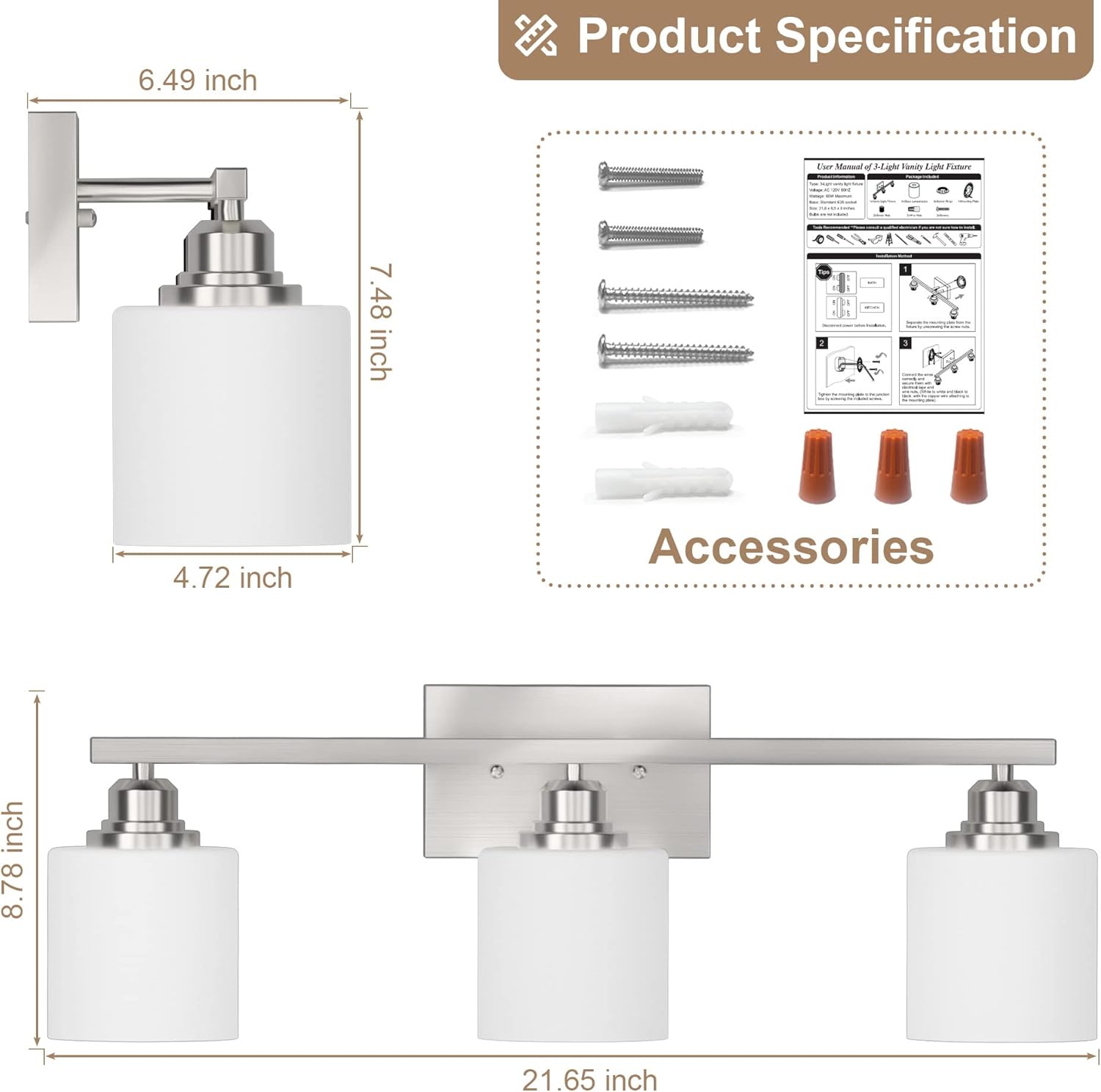 Sailstar Lámparas de baño, luces de tocador de níquel cepillado, 3 luces, modernas luces de baño sobre espejo, pantalla de vidrio y acabado de
