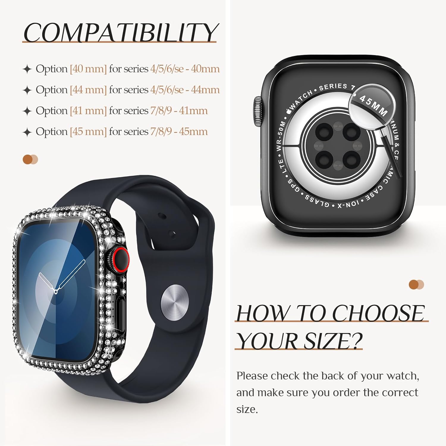 Goton Funda impermeable brillante 2 en 1 para Apple Watch de 1.575 pulgadas, protector de pantalla SE (2 generación) Series 6 5 4, con diamantes de