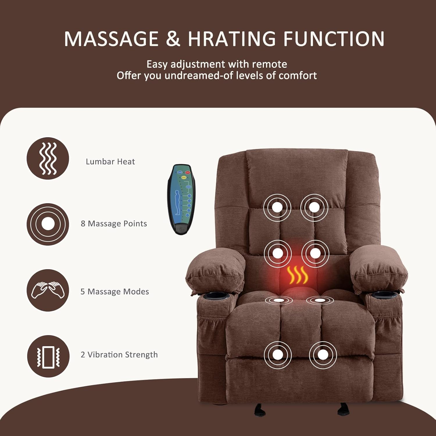 Silla reclinable de masaje con masaje por vibración y calor, ergonómica para sala de estar con función de balanceo y bolsillo lateral, 2 portavasos,