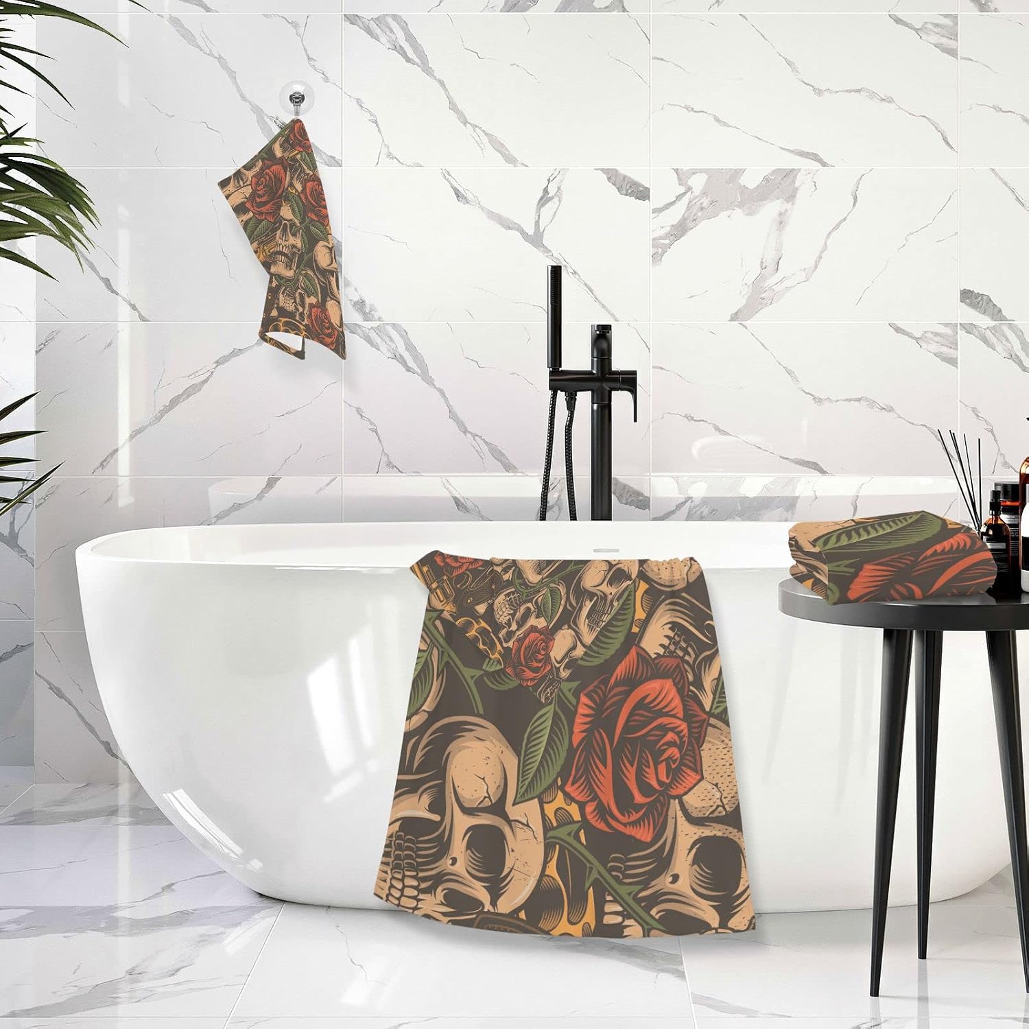 Skulls Guns Roses – Juego de toallas de baño de algodón para baño, juego de toallas suaves, 1 toalla de baño, 1 toallita suave, absorbente, para