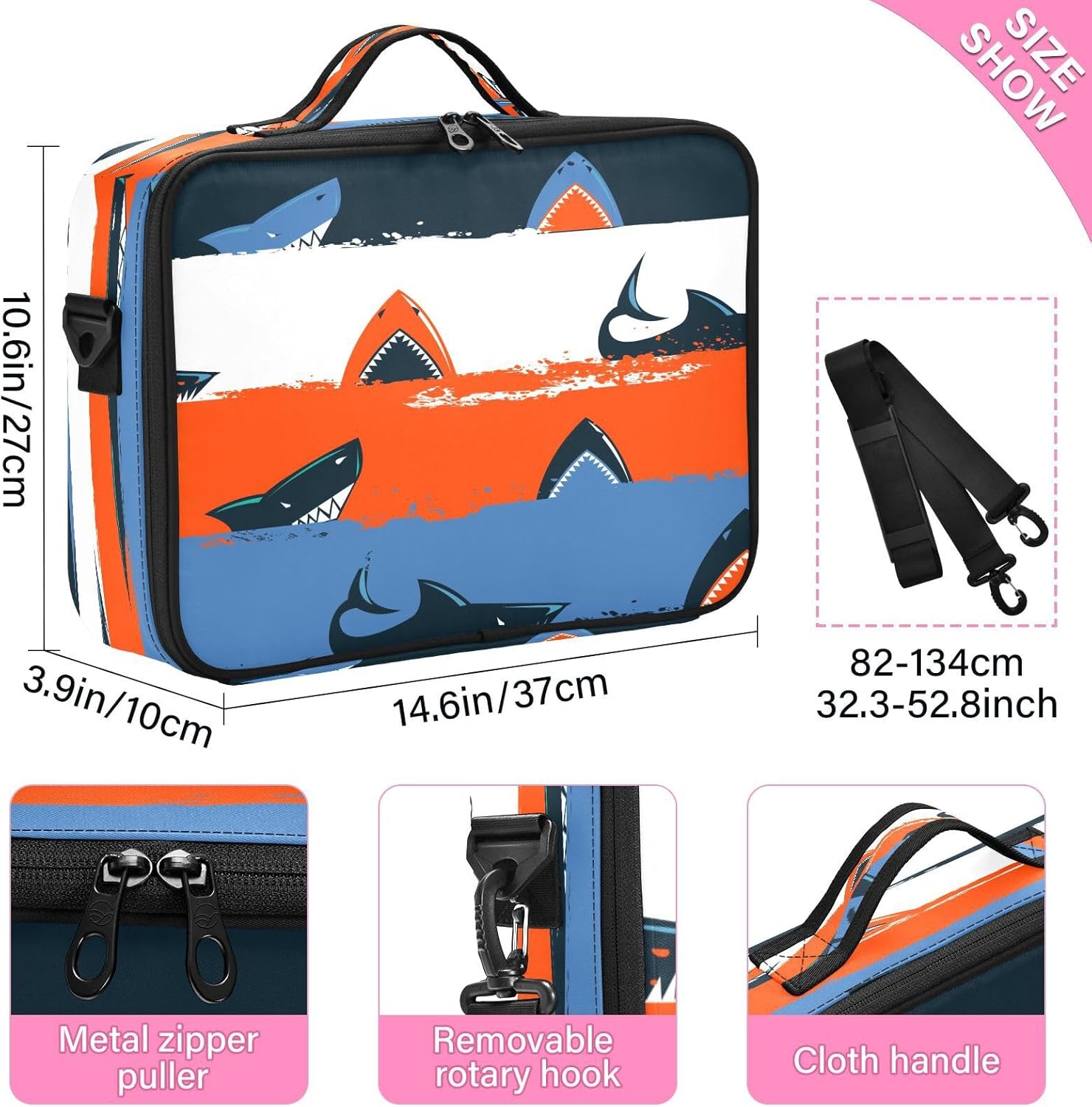 Bolsa de cosméticos roja de dibujos animados de tiburón, bolsa de viaje grande con compartimentos, bolsa de maquillaje portátil, neceser de viaje