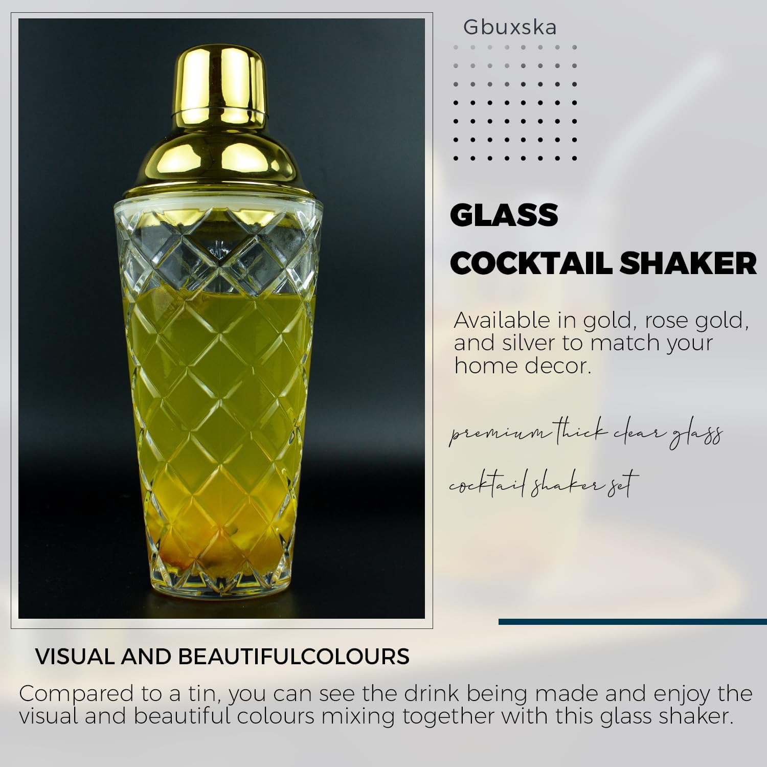 Gbuxska Kit de coctelera de cristal, 14.2 onzas, juego de cóctel Martini con tapa de acero metálico a prueba de fugas y colador para uso doméstico y
