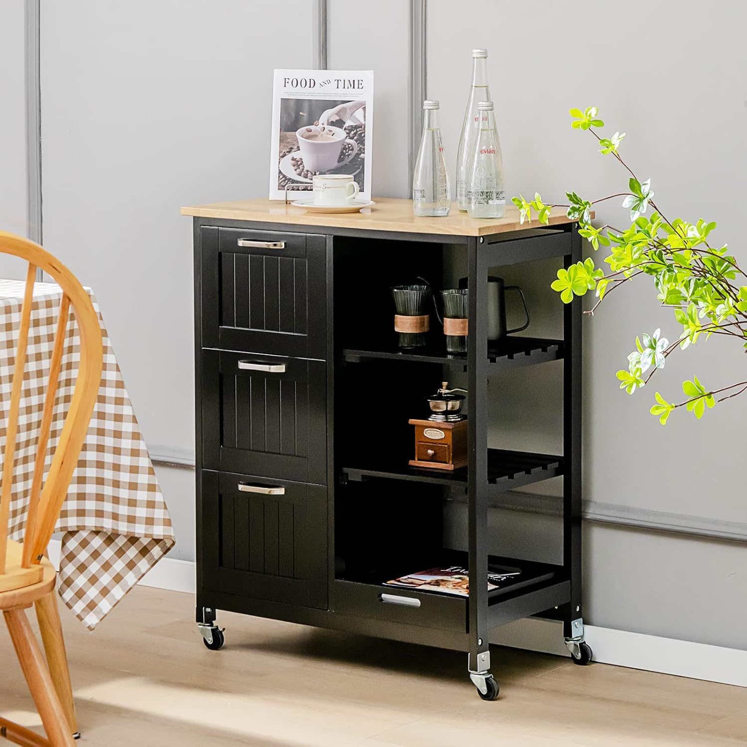 PETSITE Carrito de isla de cocina con almacenamiento y ruedas, mesa de isla pequeña con cajones y estantes para el hogar, color negro