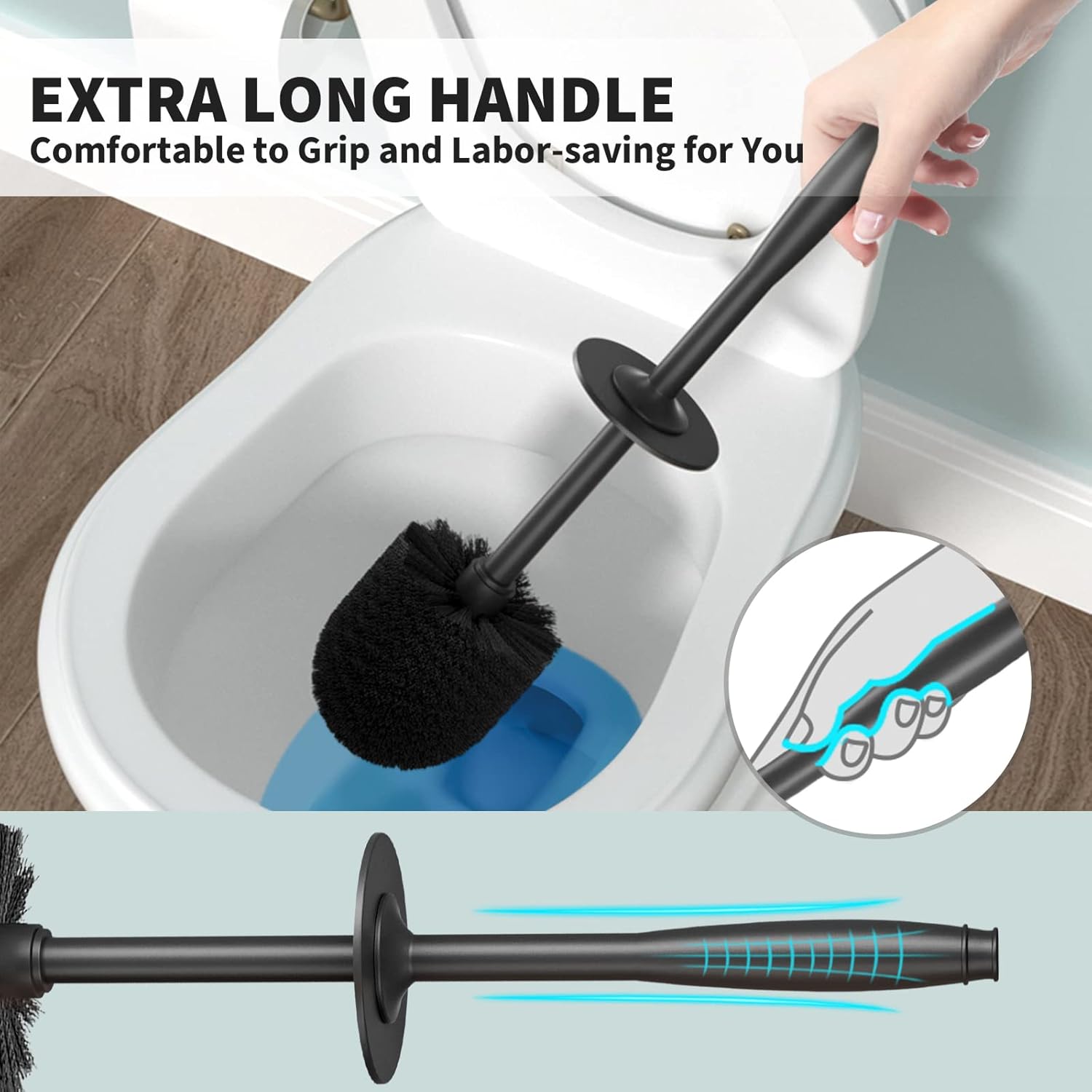 UPTRONIC Cepillo de inodoro, cepillo para inodoro con mango extra largo, cerdas duraderas, limpiador de inodoro y soporte cubierto para limpieza de