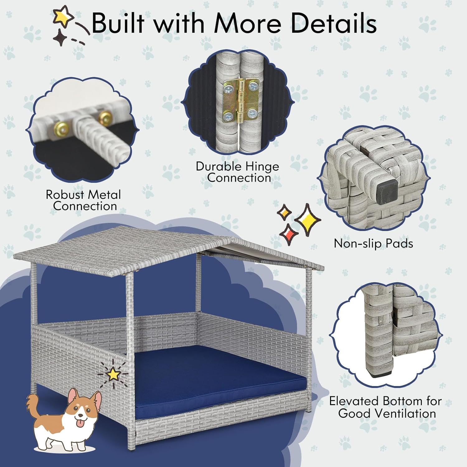 Tangkula Casa de mimbre para perros, cama elevada de ratán para interiores y exteriores con cojín extraíble, funda lavable, techo impermeable,