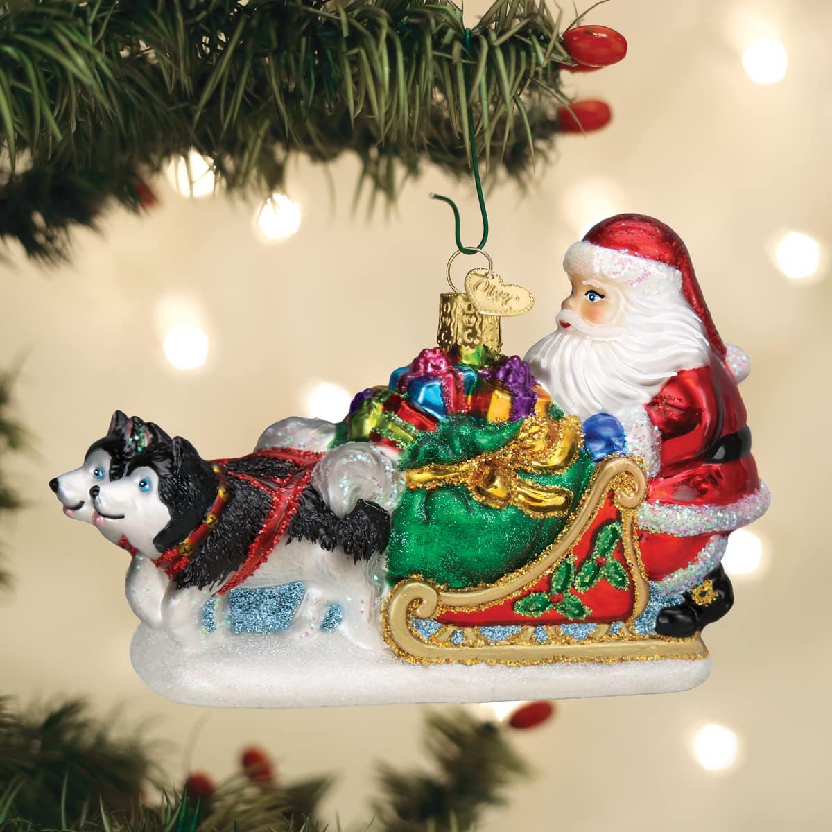 Old World Christmas Adorno de cristal soplado de trineo de perro de Papá Noel para árbol de Navidad