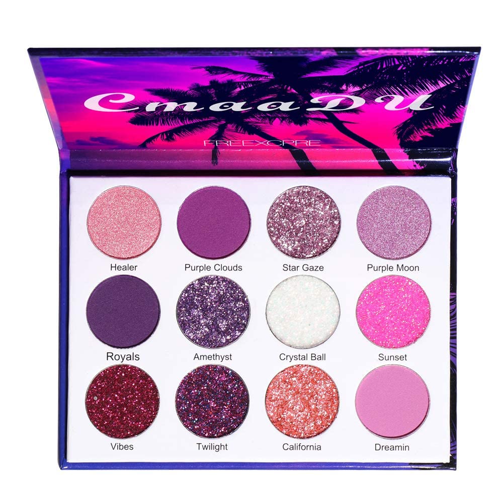 BINGBRUSH Paleta de maquillaje de sombra de ojos barata de 12 colores con brillantina, púrpura y rosa, brillante, brillante, brillante, metálico,