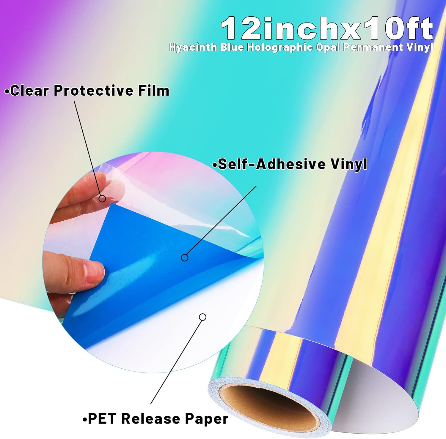GIRAFVYINL – Rollo de vinilo adhesivo permanente de ópalo holográfico azul de 12 pulgadas x 10 pies para cricut, decoración del hogar y el
