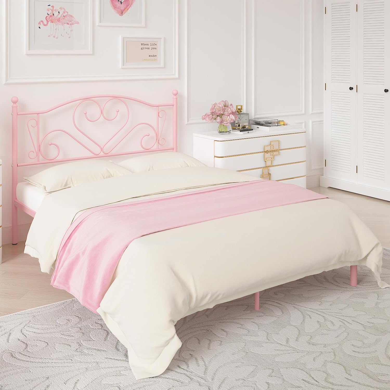Weehom Base de cama de tamaño matrimonial con cabecero, plataforma de metal resistente debajo de la cama, espacio de almacenamiento sin necesidad de