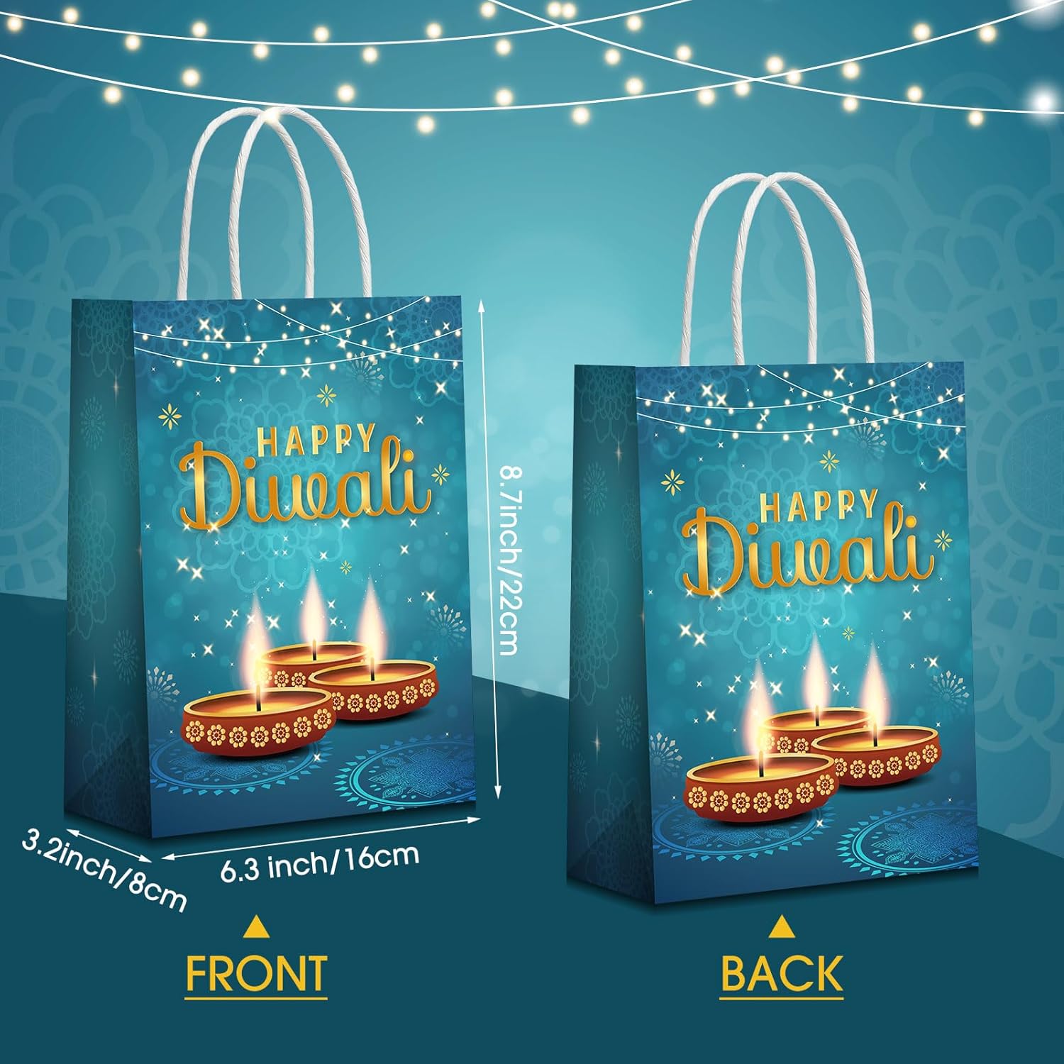 Cholemy 18 bolsas de papel Diwali Happy Diwali con asas, bolsas de regalo de fiesta Diwali, bolsas de regalo de papel de seda, bolsas de dulces