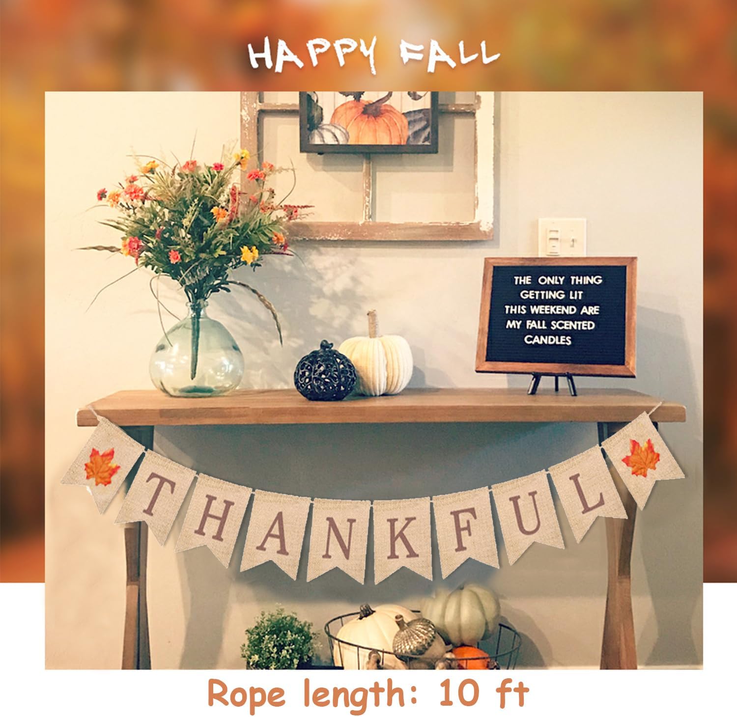 Cartel de arpillera con texto en inglés Thankful de otoño con hojas de arce rústicas para repisa, chimenea, colgar en la pared para bienvenida,