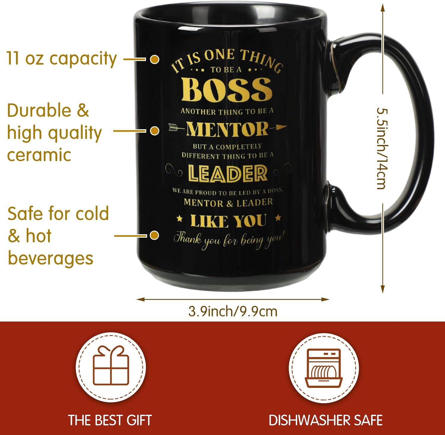 Mifoci Los regalos de Navidad para hombres incluyen una taza de café de porcelana negra de agradecimiento al jefe, diario grabado con jefe y llavero