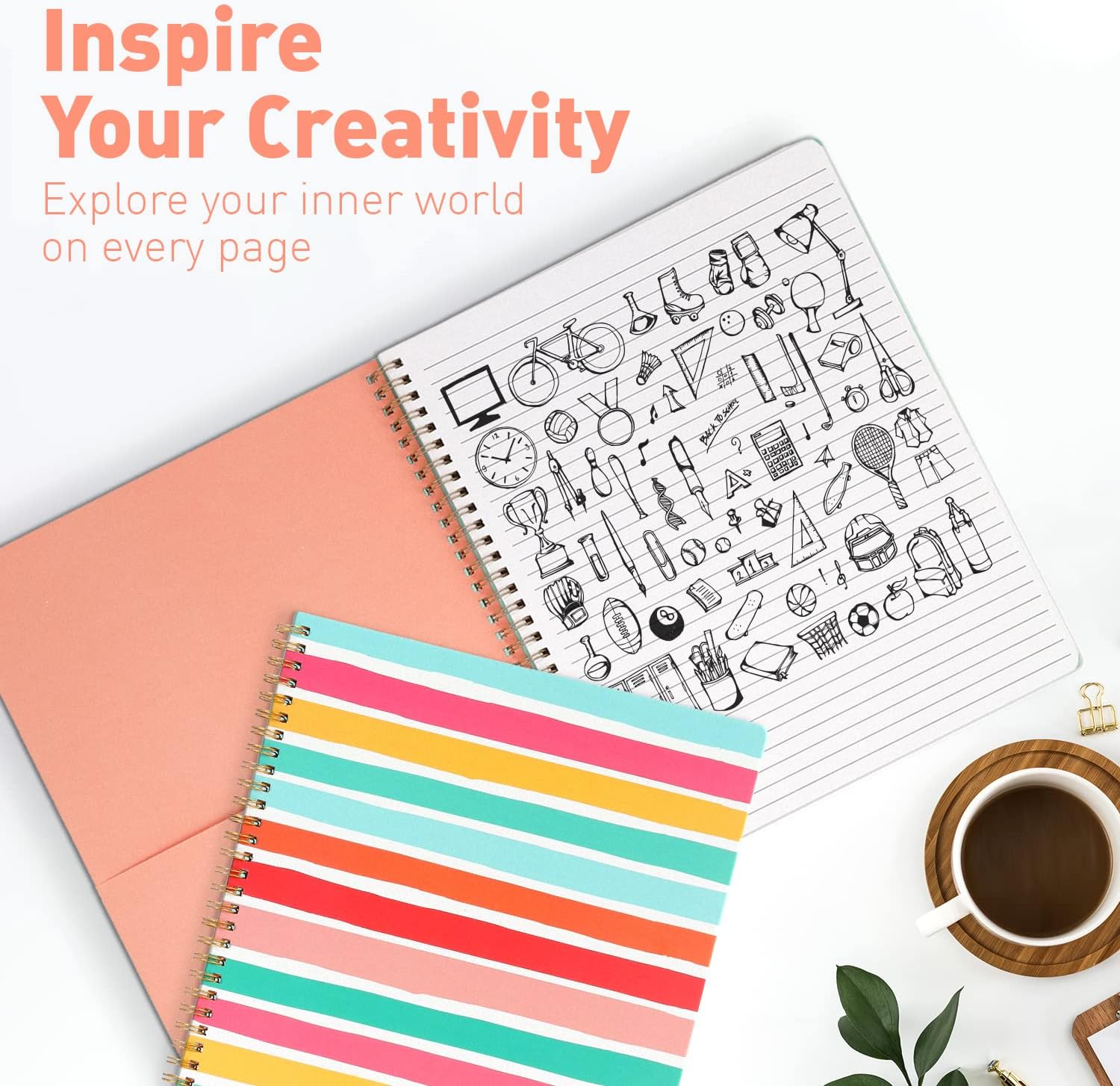 Sweetzer & Orange S&O – Lindos cuadernos en espiral con rayas universitarias con bolsillos, cuaderno de tapa dura para mujer, bonitos cuadernos para