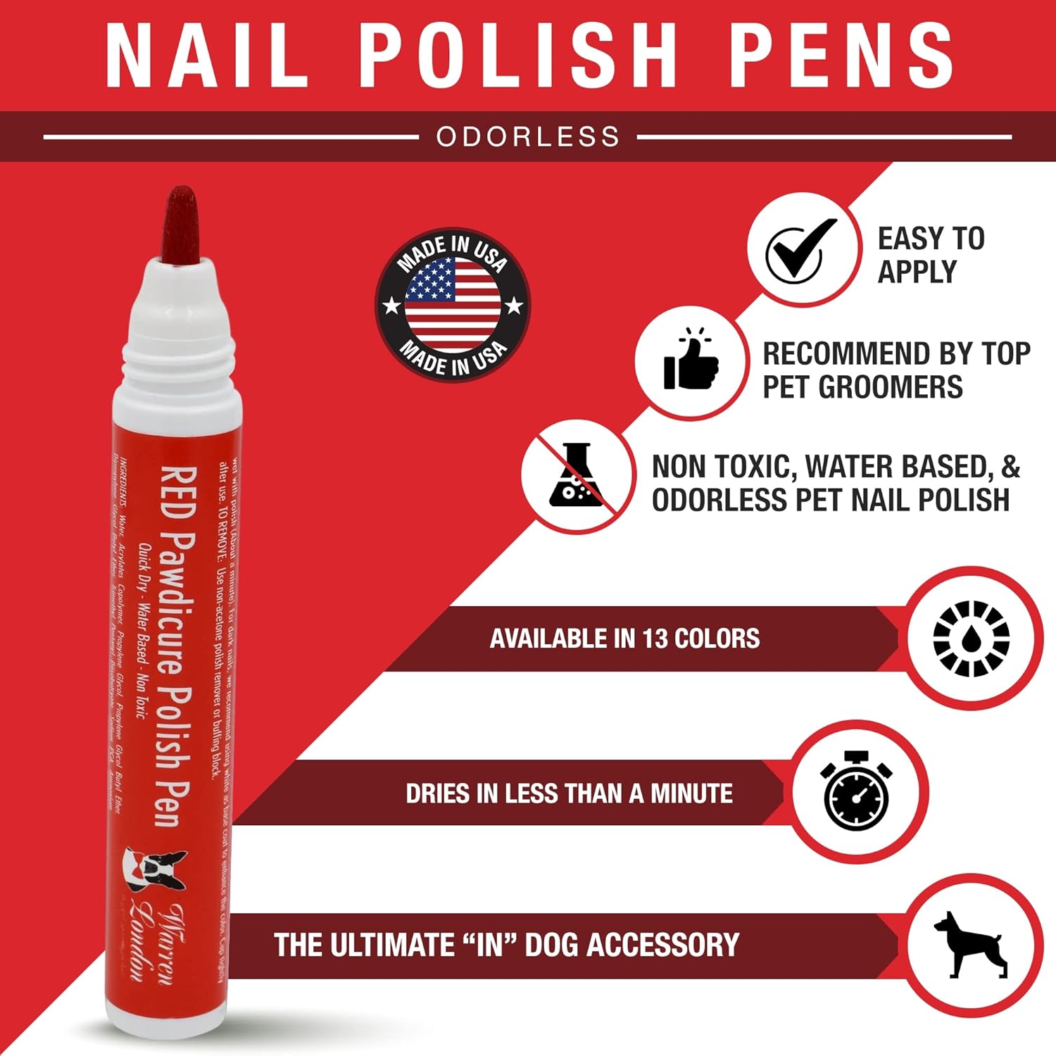 Lápiz de pedicura Warren London Pawdicure, esmalte de uñas para perro, paquete de de 1, Rojo